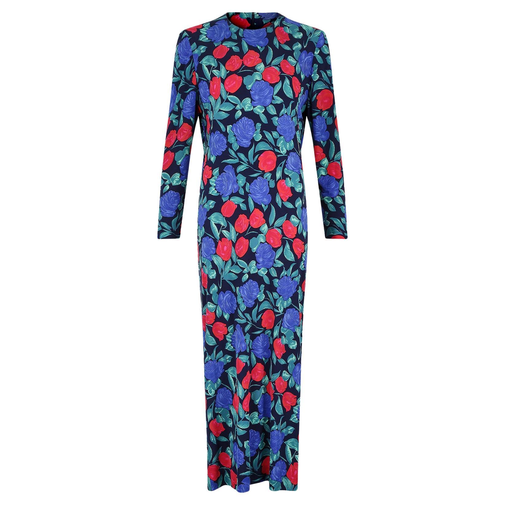 1970s Blue and Red Rose Print Silk Jersey Dress For Sale