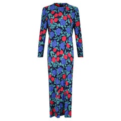 Vintage 1970s Blue and Red Rose Print Silk Jersey Dress