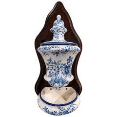 1970s Blue and White Ceramic Wall Fountain with a Wooden Mount