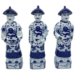 1970s Blue and White Chinoiserie Asian Figural Sculptures, Set of 3 1970s Blue and White Chinoiserie Asian Figural Sculptures, Set of 3