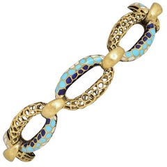 1970s Blue and White Enamel Honeycomb Gold Bracelet
