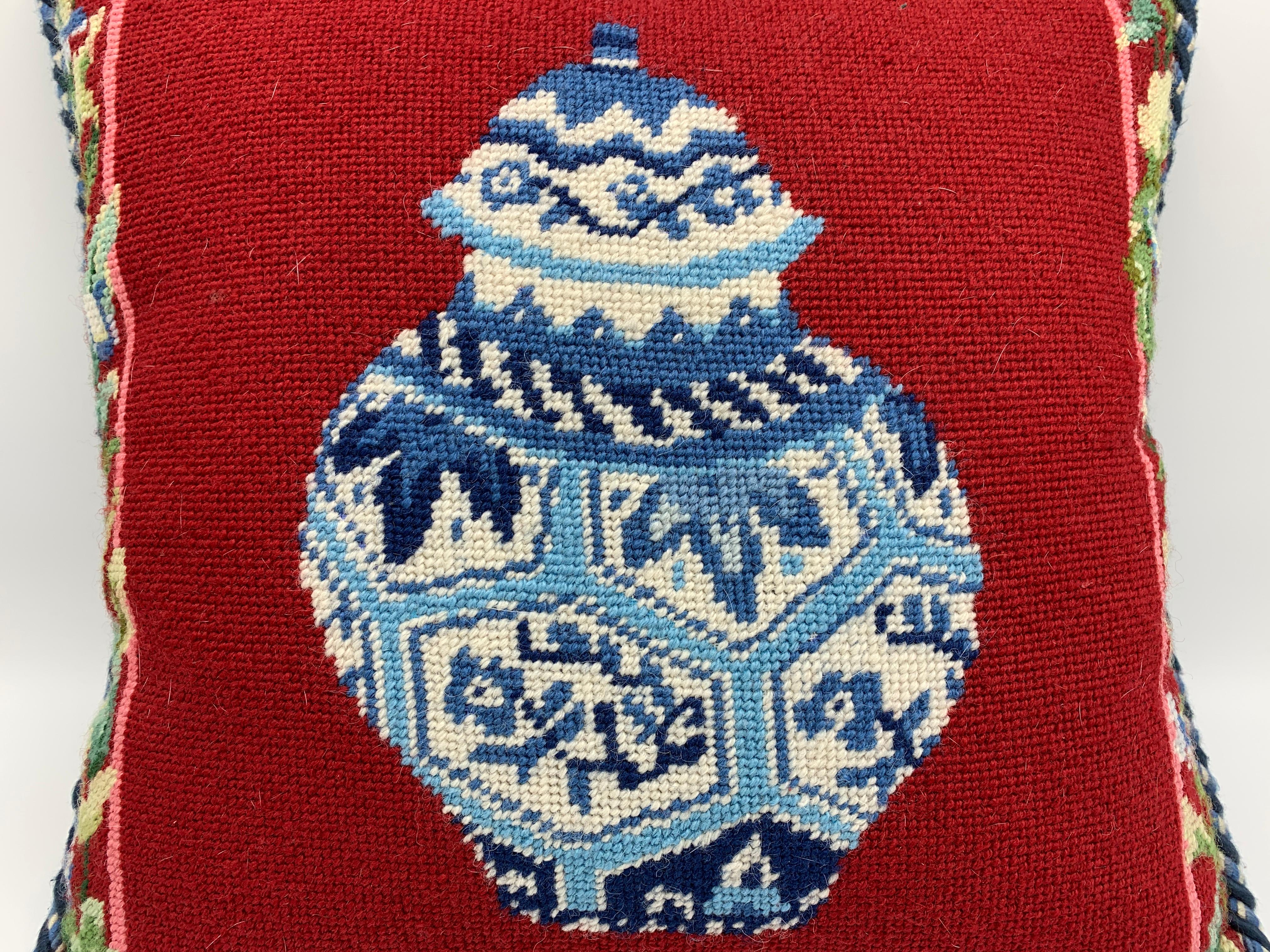 1970s Blue and White Ginger Jar Needlepoint Pillow In Good Condition In Richmond, VA