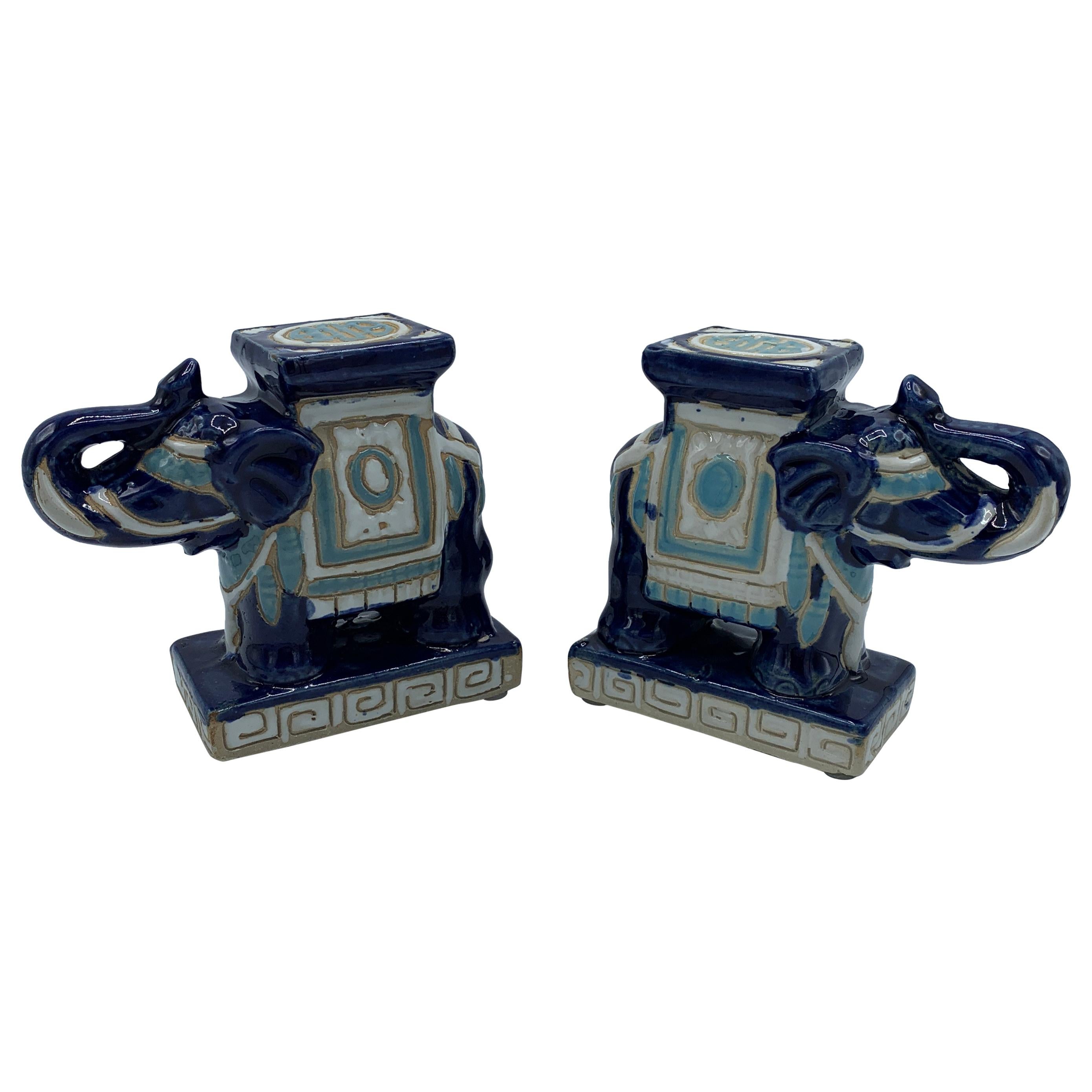 1970s Blue and White Miniature Elephant Garden Stool Sculptures, Pair