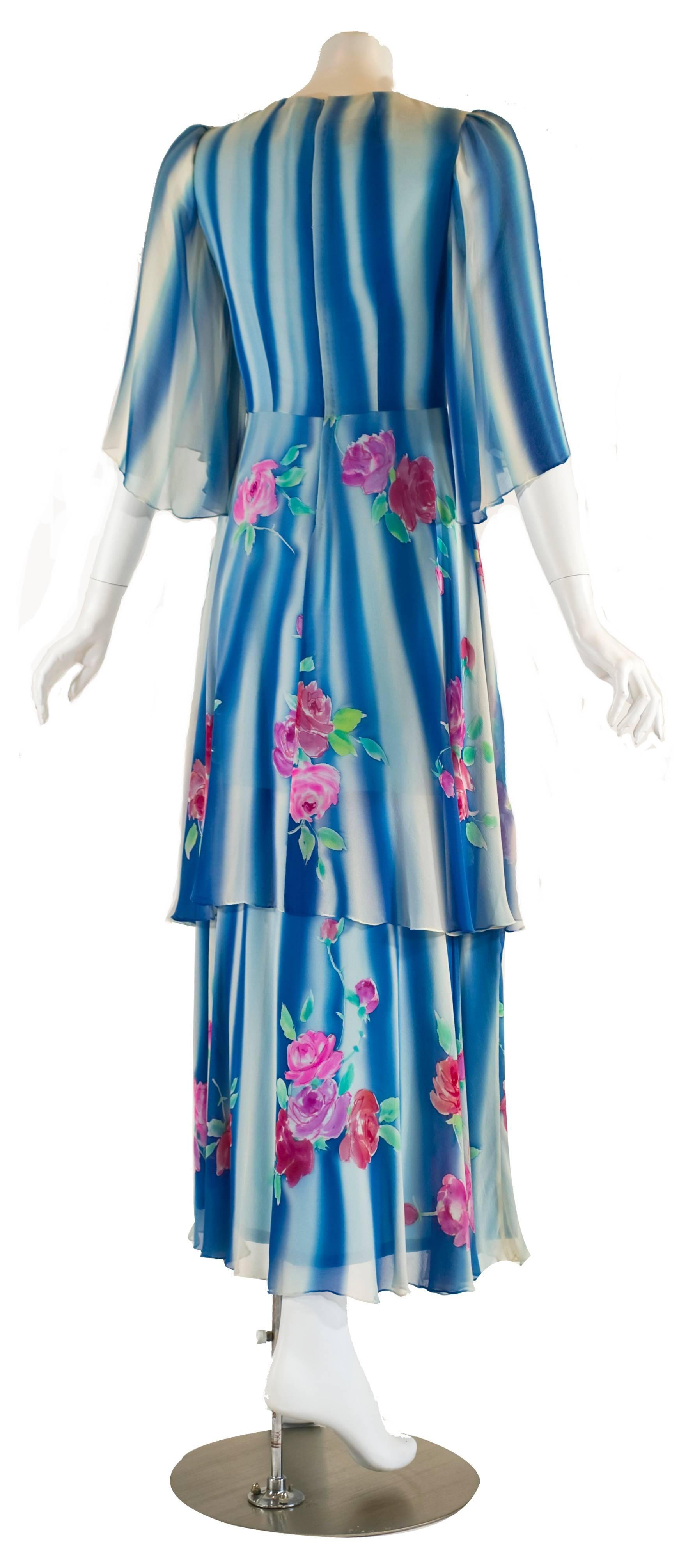 Women's 1970s Blue and White Painted Silk Chiffon Floral Layered Angel Sleeve Dress For Sale
