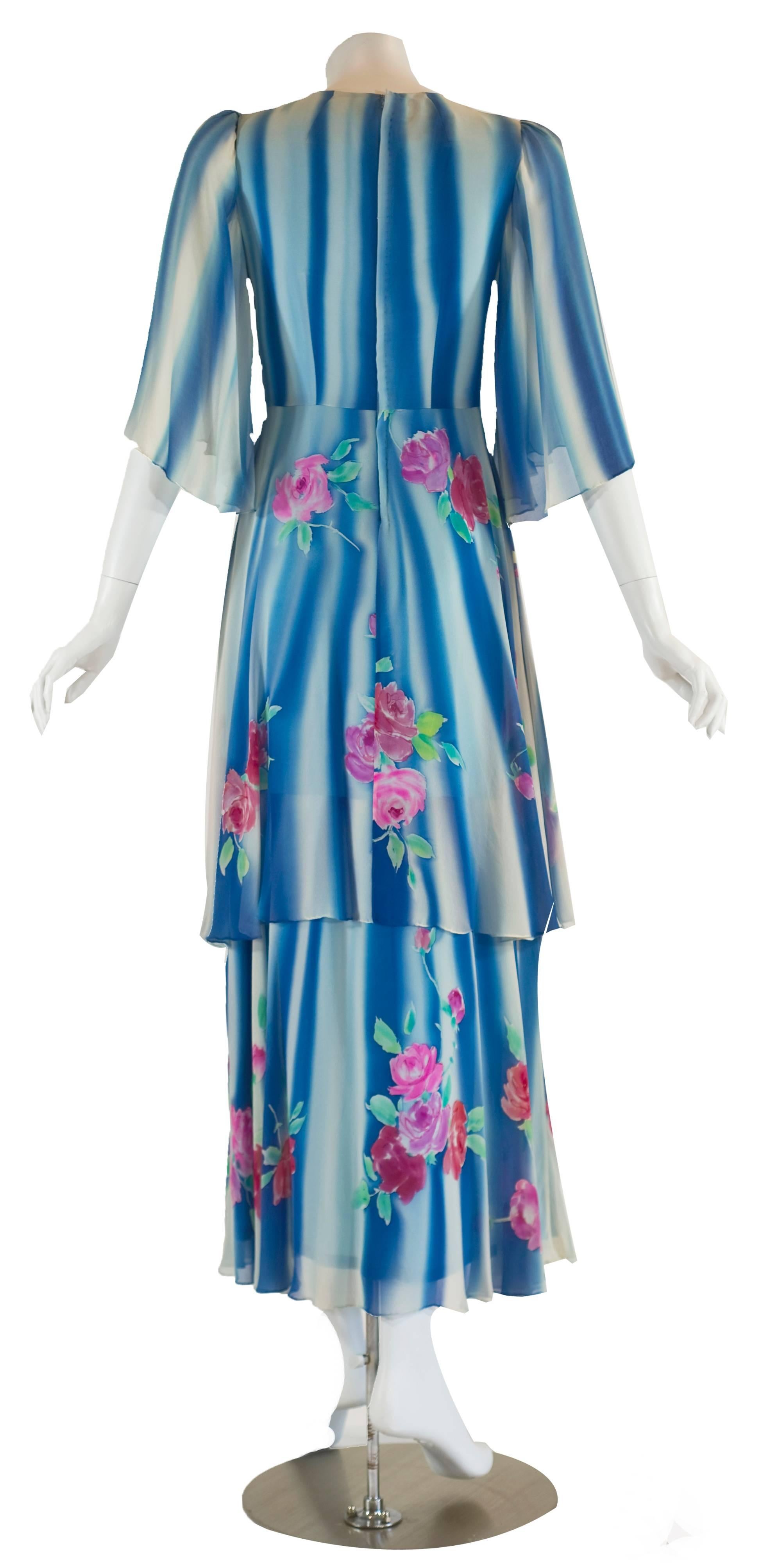 1970s Blue and White Painted Silk Chiffon Floral Layered Angel Sleeve Dress For Sale 1