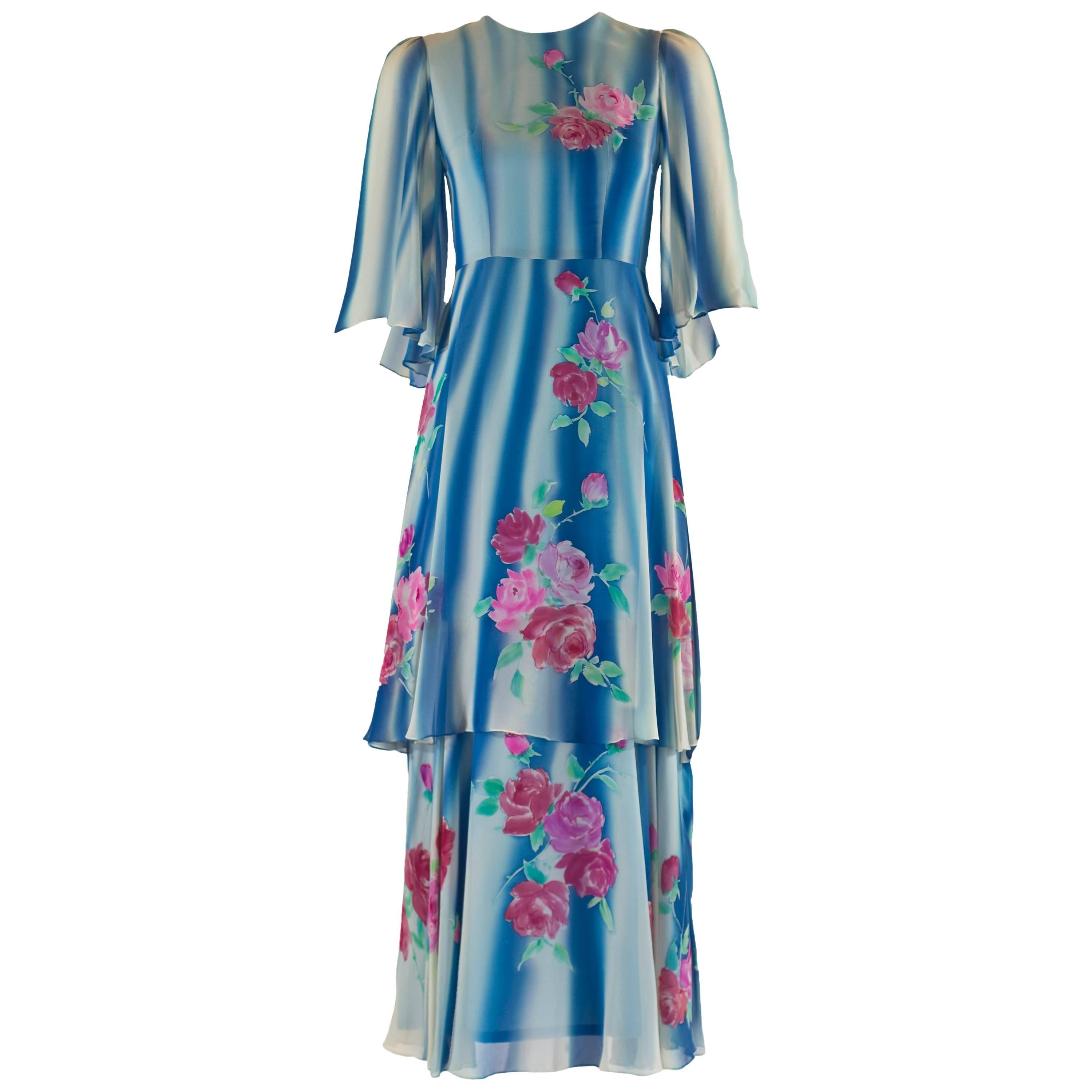 1970s Blue and White Painted Silk Chiffon Floral Layered Angel Sleeve Dress For Sale