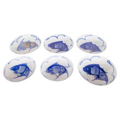1970s Blue and White Porcelain Plate Set with Fish Pattern