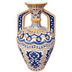 1970 Vase de style andalou espagnol bleu et jaune avec poignées