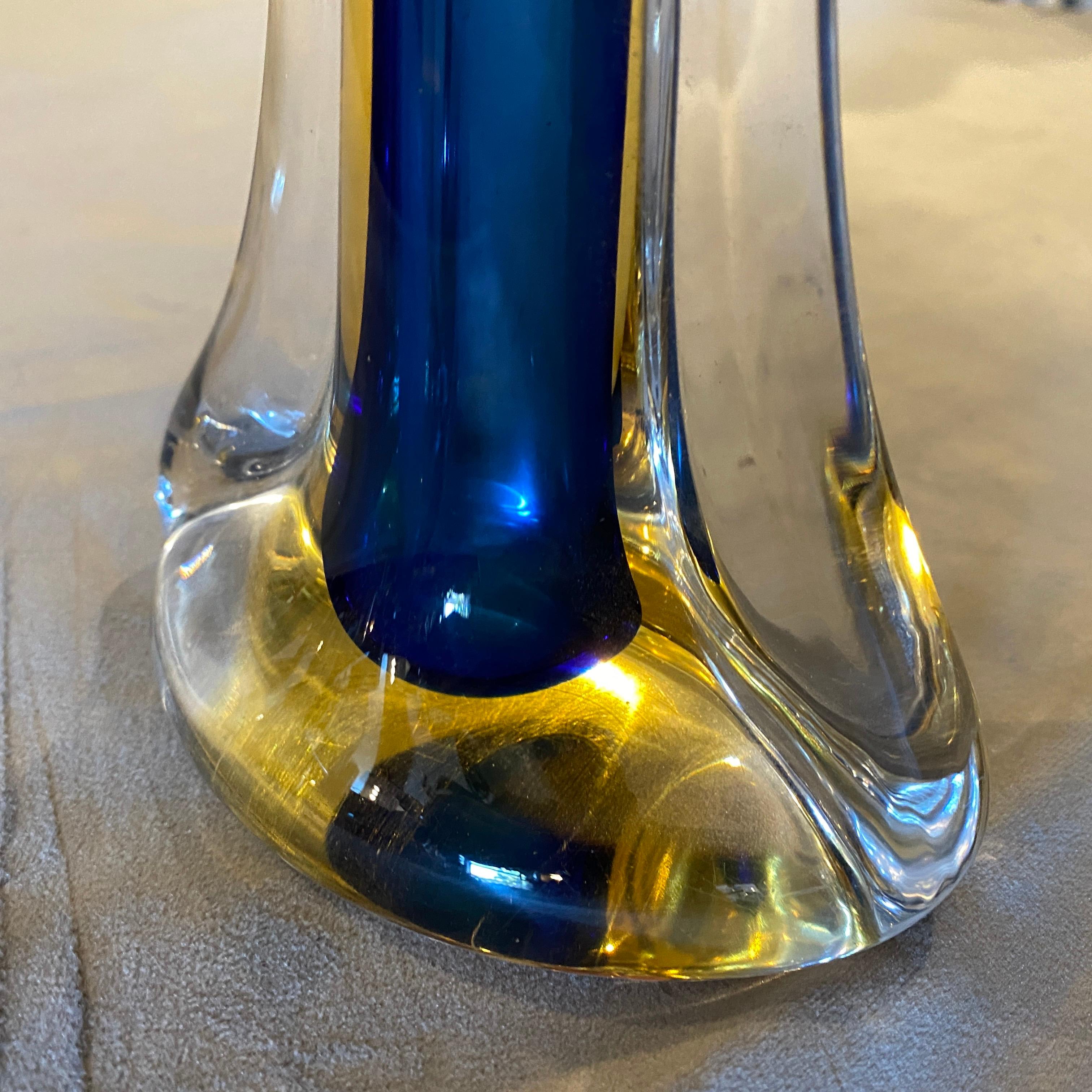 1970s Blue and Yellow Murano Glass Modernist Single Flower Vase by Seguso 3