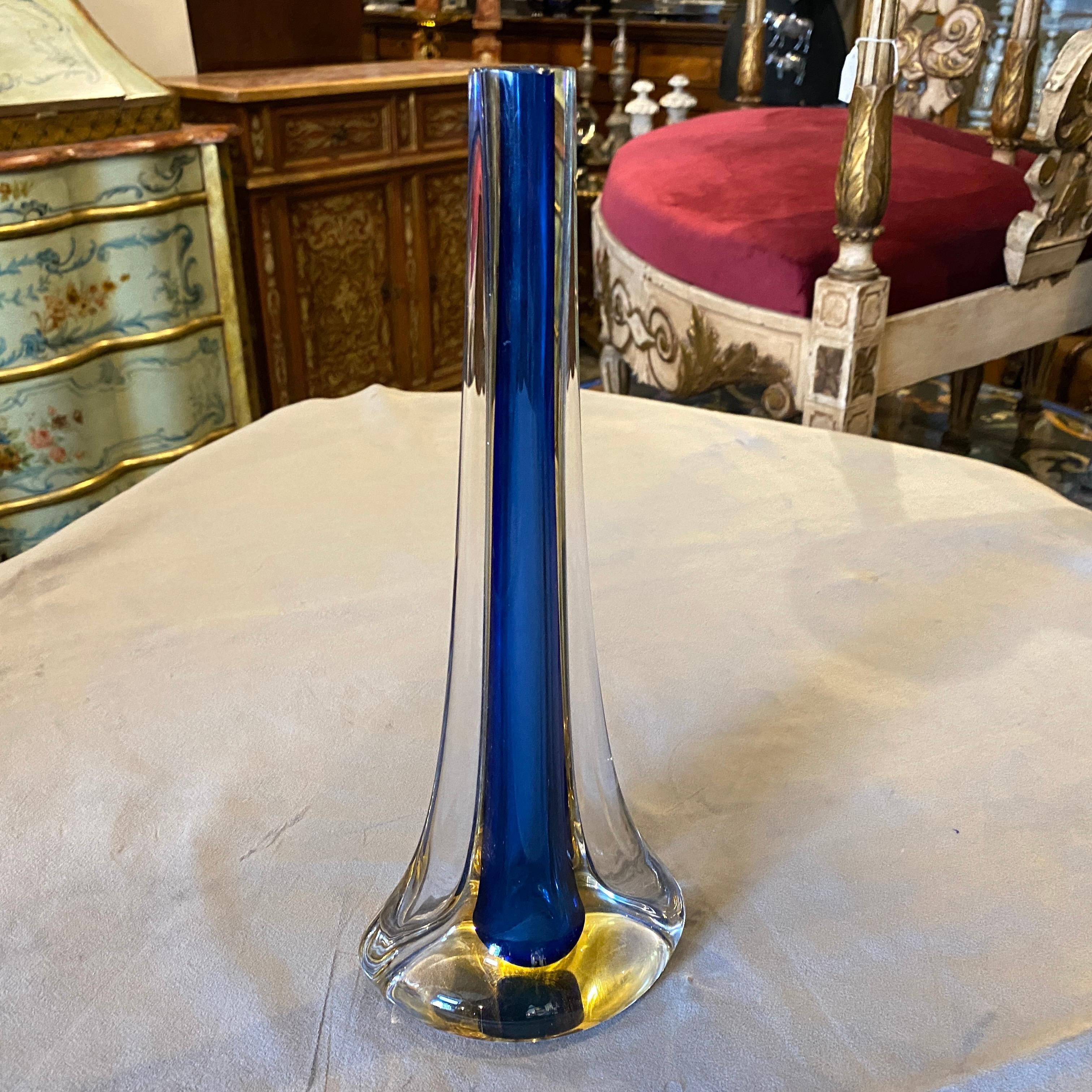 Italian 1970s Blue and Yellow Murano Glass Modernist Single Flower Vase by Seguso
