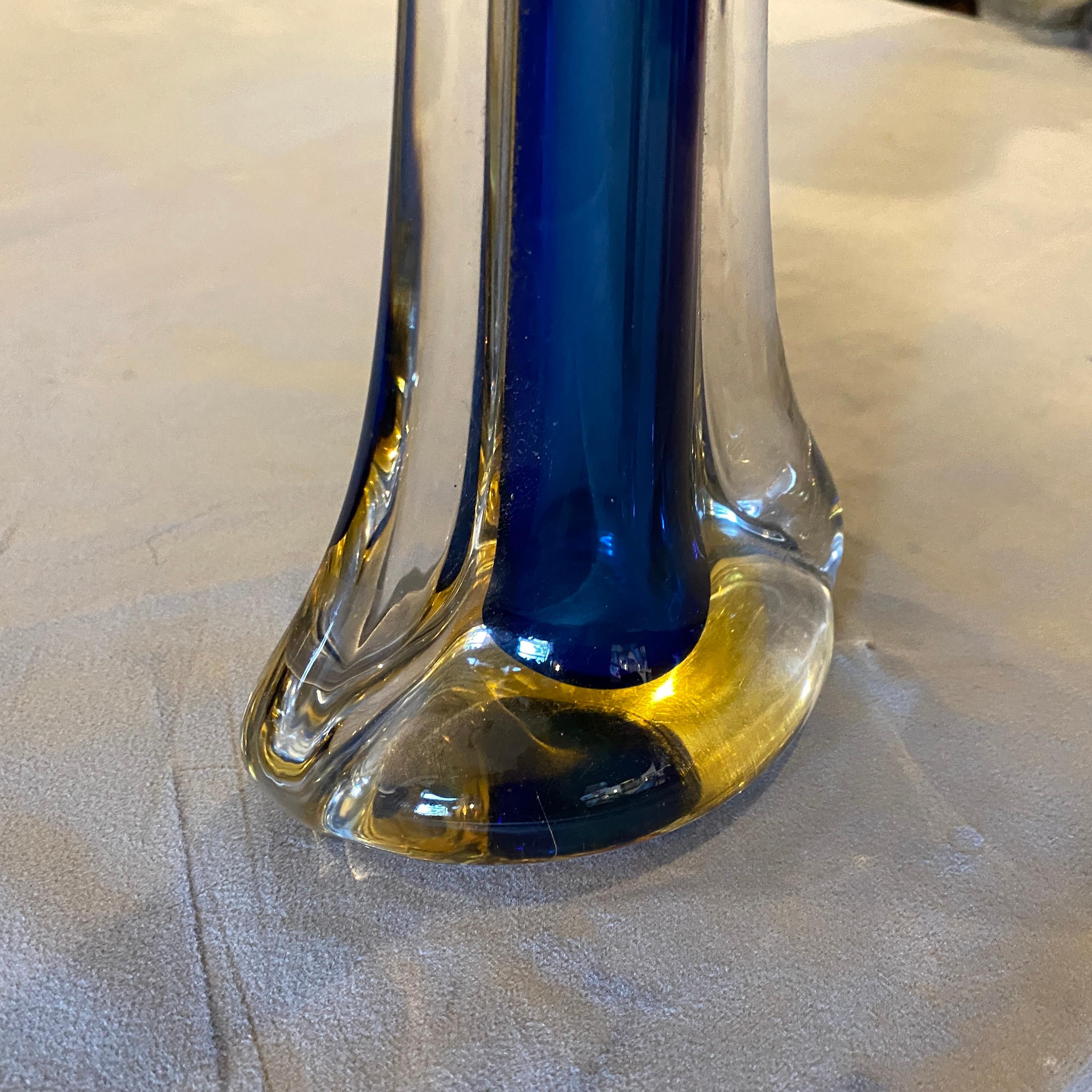 Hand-Crafted 1970s Blue and Yellow Murano Glass Modernist Single Flower Vase by Seguso