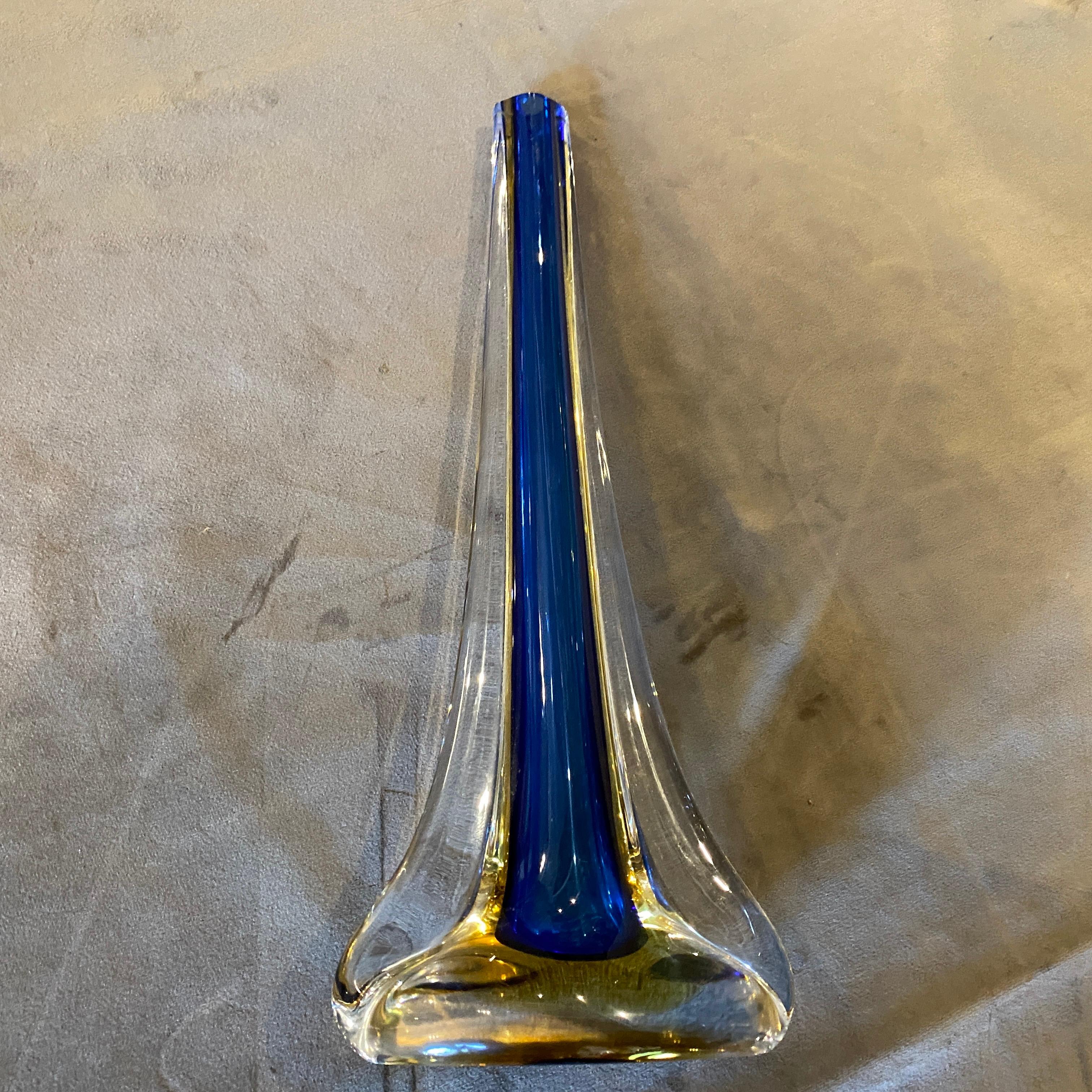 1970s Blue and Yellow Murano Glass Modernist Single Flower Vase by Seguso 1