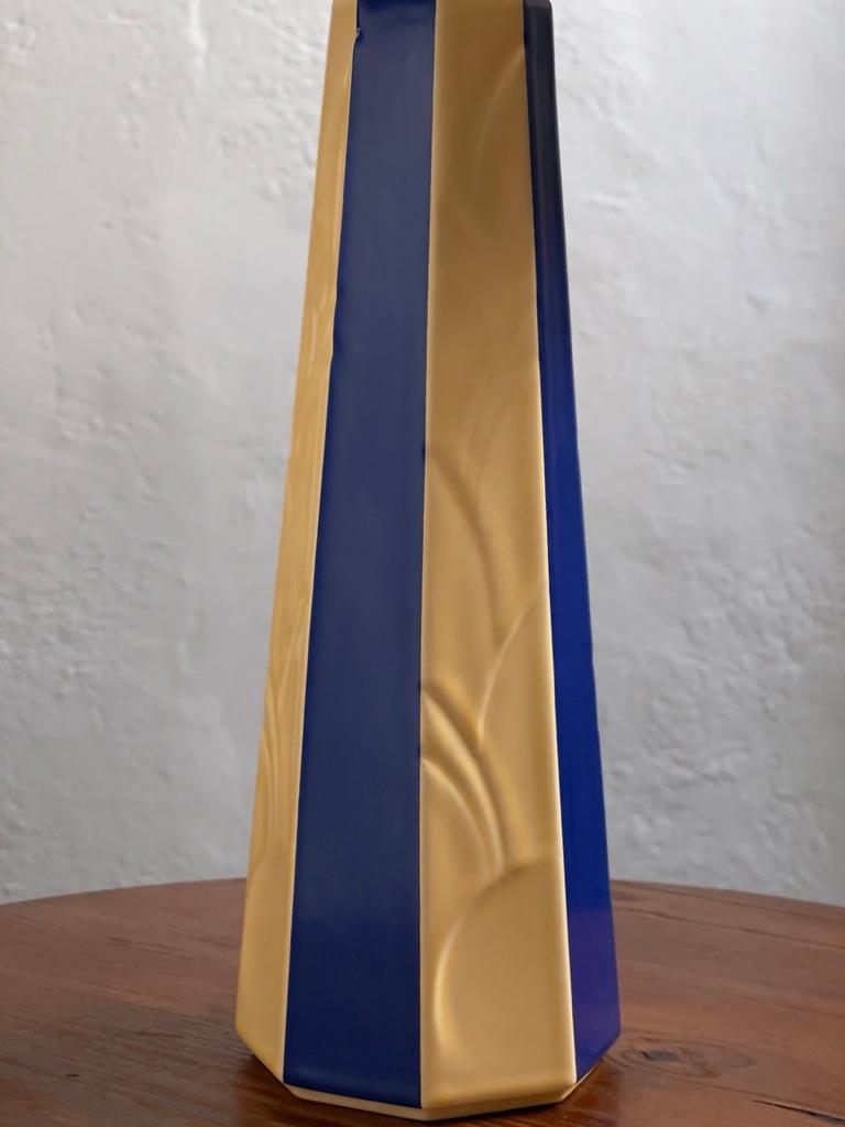 Scandinavian Modern 1970s Klein Blue and Yellow Striped Danish Ceramic Table Lamp by Søholm, Denmark For Sale