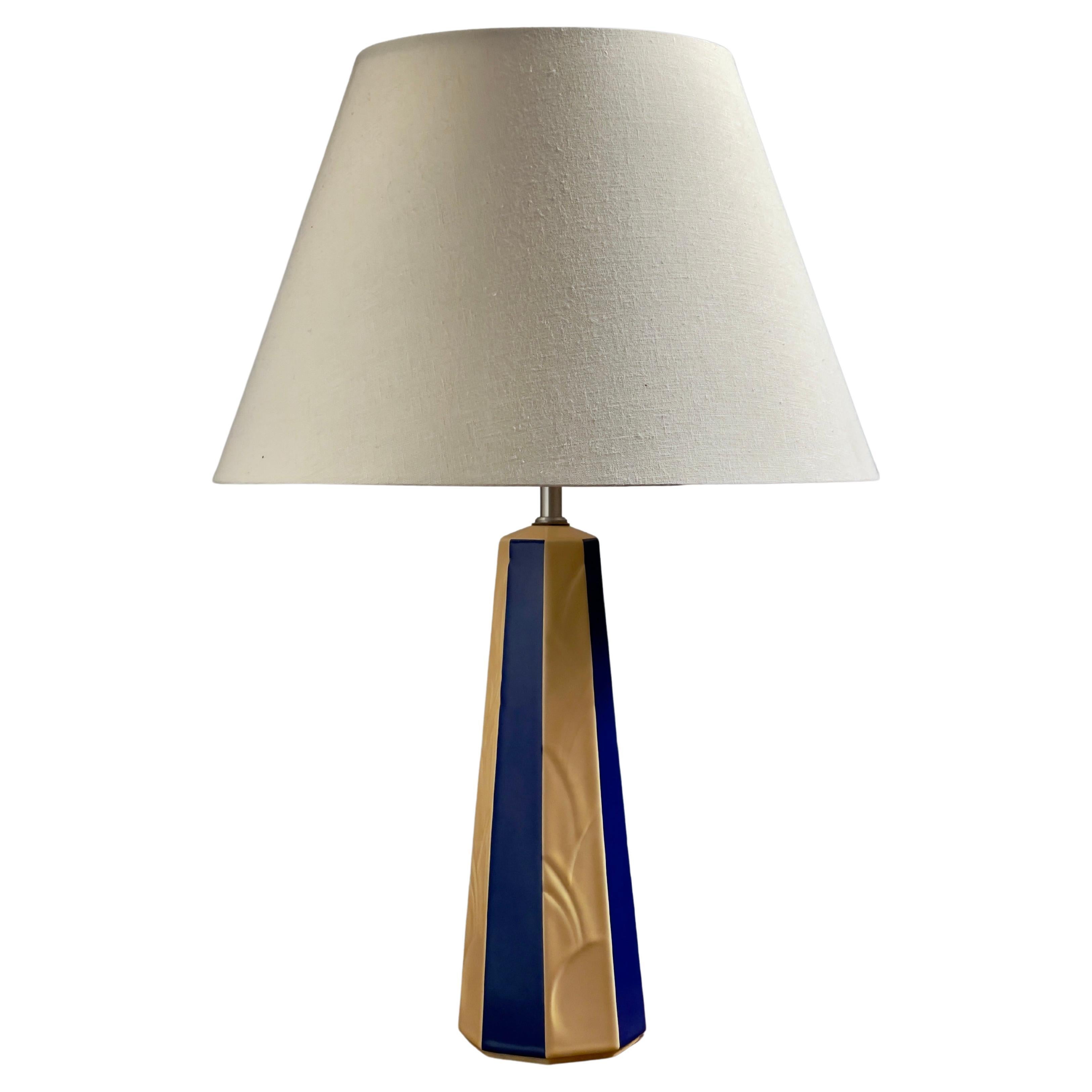 1970s Klein Blue and Yellow Striped Danish Ceramic Table Lamp by Søholm, Denmark For Sale