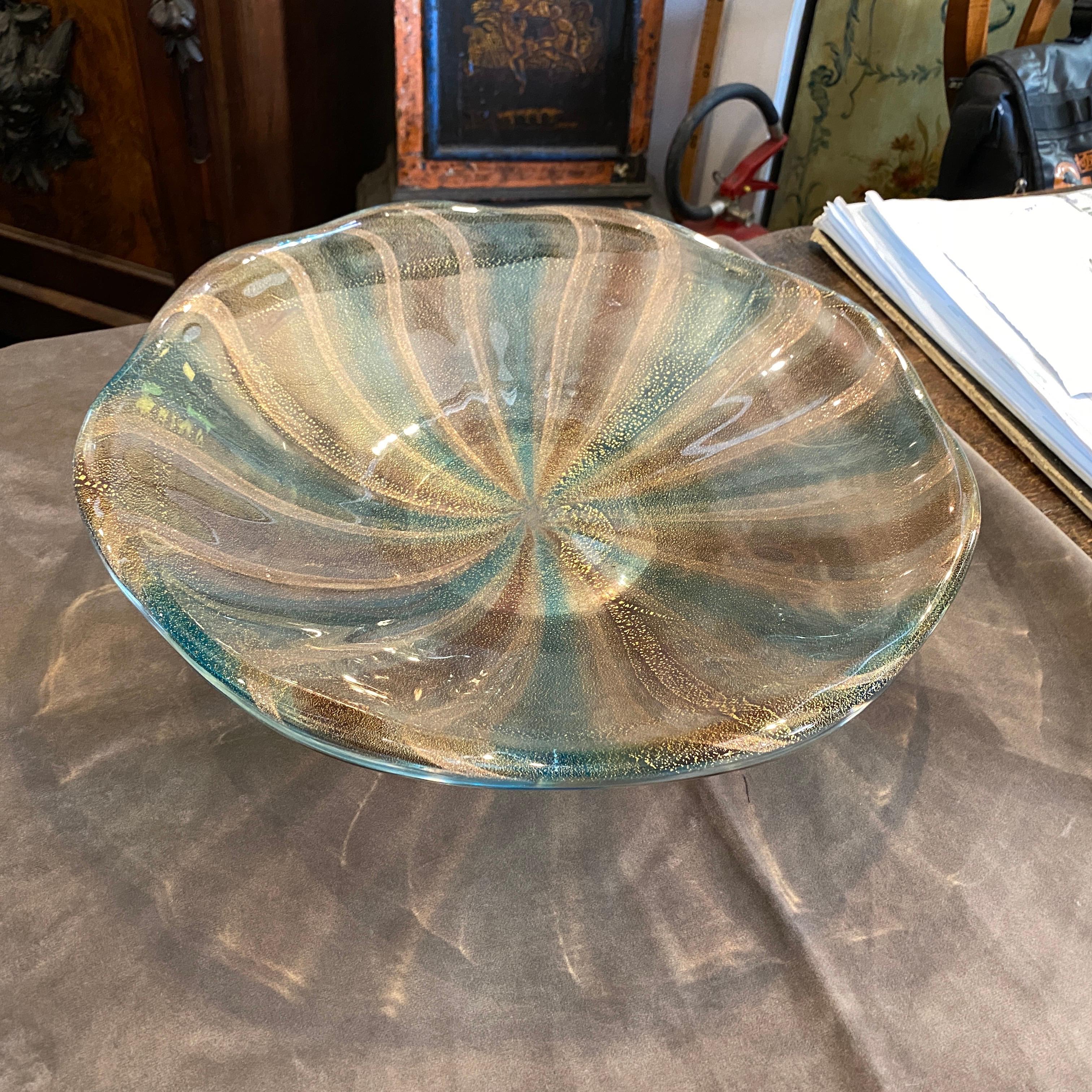 1970s Blue, Brown and Gold Striped Heavy Murano Glass Round Centerpiece For Sale 4