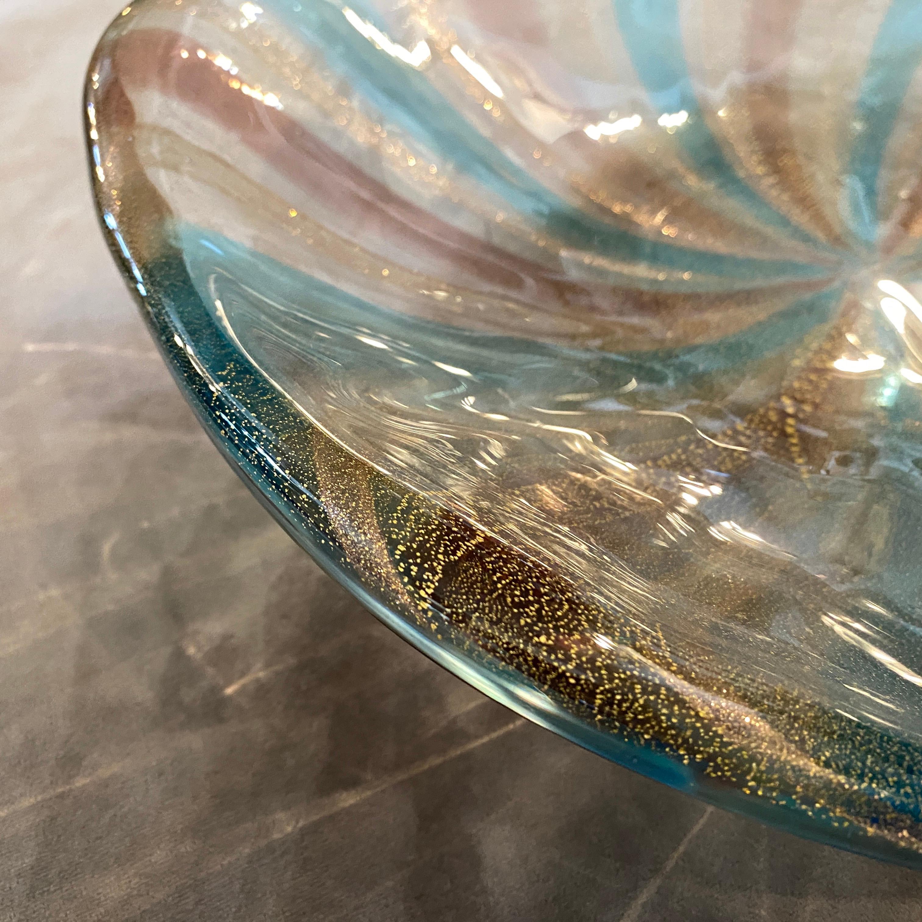 Mid-Century Modern 1970s Blue, Brown and Gold Striped Heavy Murano Glass Round Centerpiece For Sale