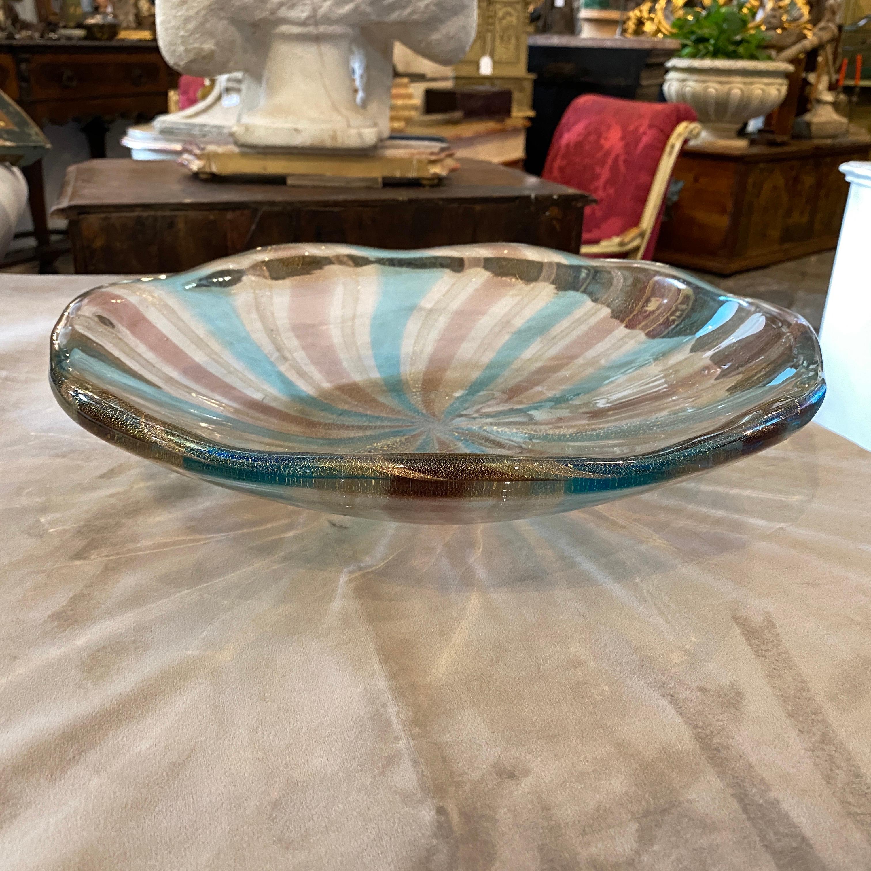 Hand-Crafted 1970s Blue, Brown and Gold Striped Heavy Murano Glass Round Centerpiece For Sale