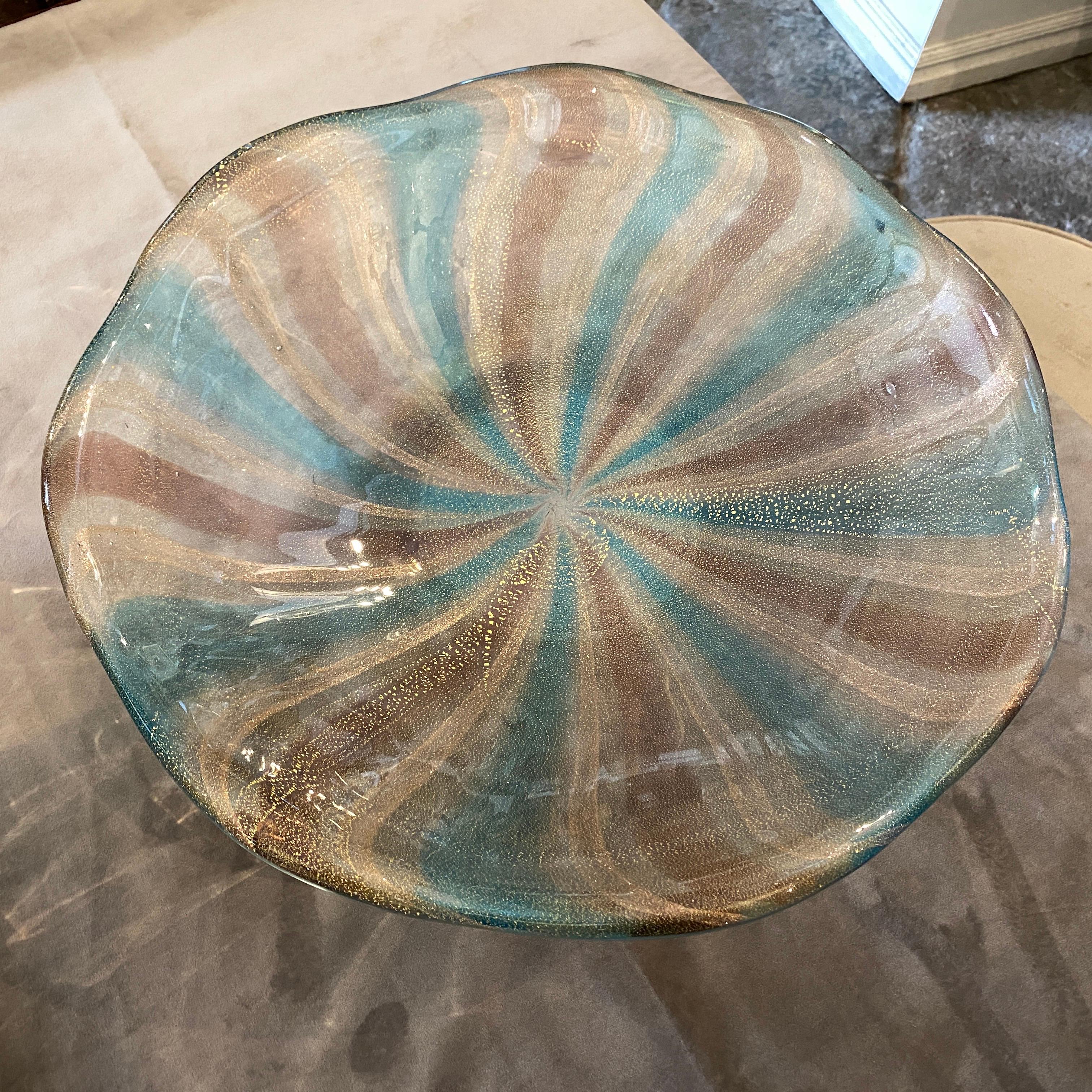 20th Century 1970s Blue, Brown and Gold Striped Heavy Murano Glass Round Centerpiece For Sale