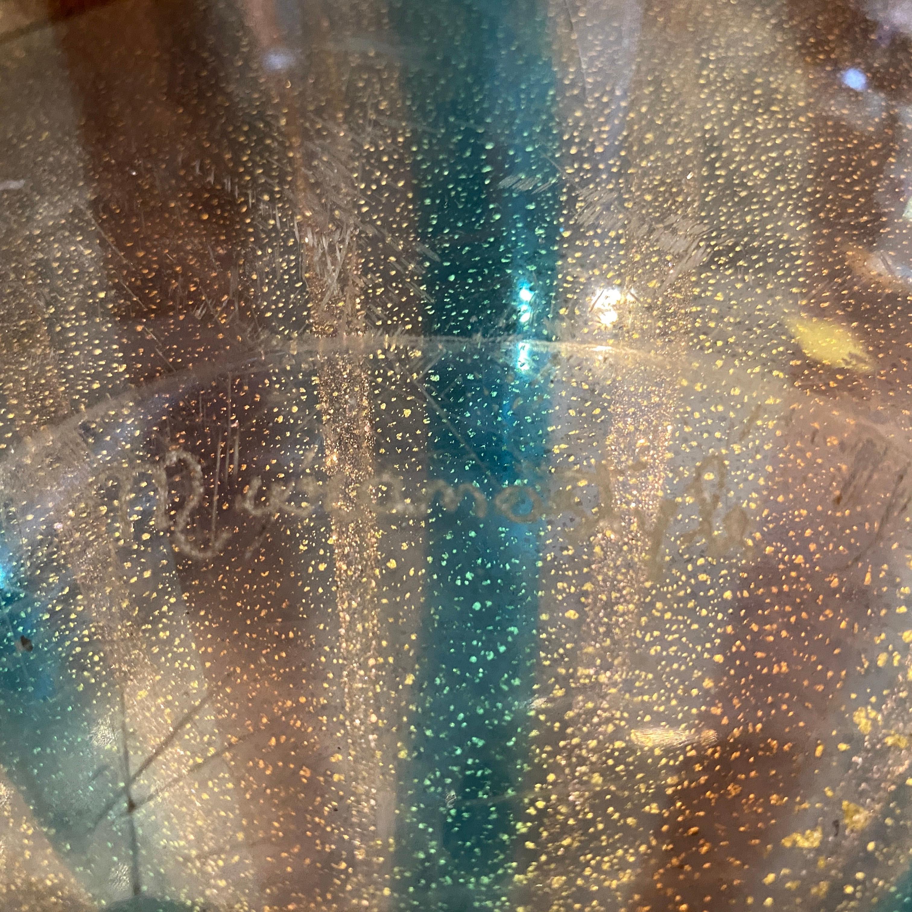 Verre de Murano Centre de table rond en verre Murano rayé bleu, Brown et or des années 1970 en vente
