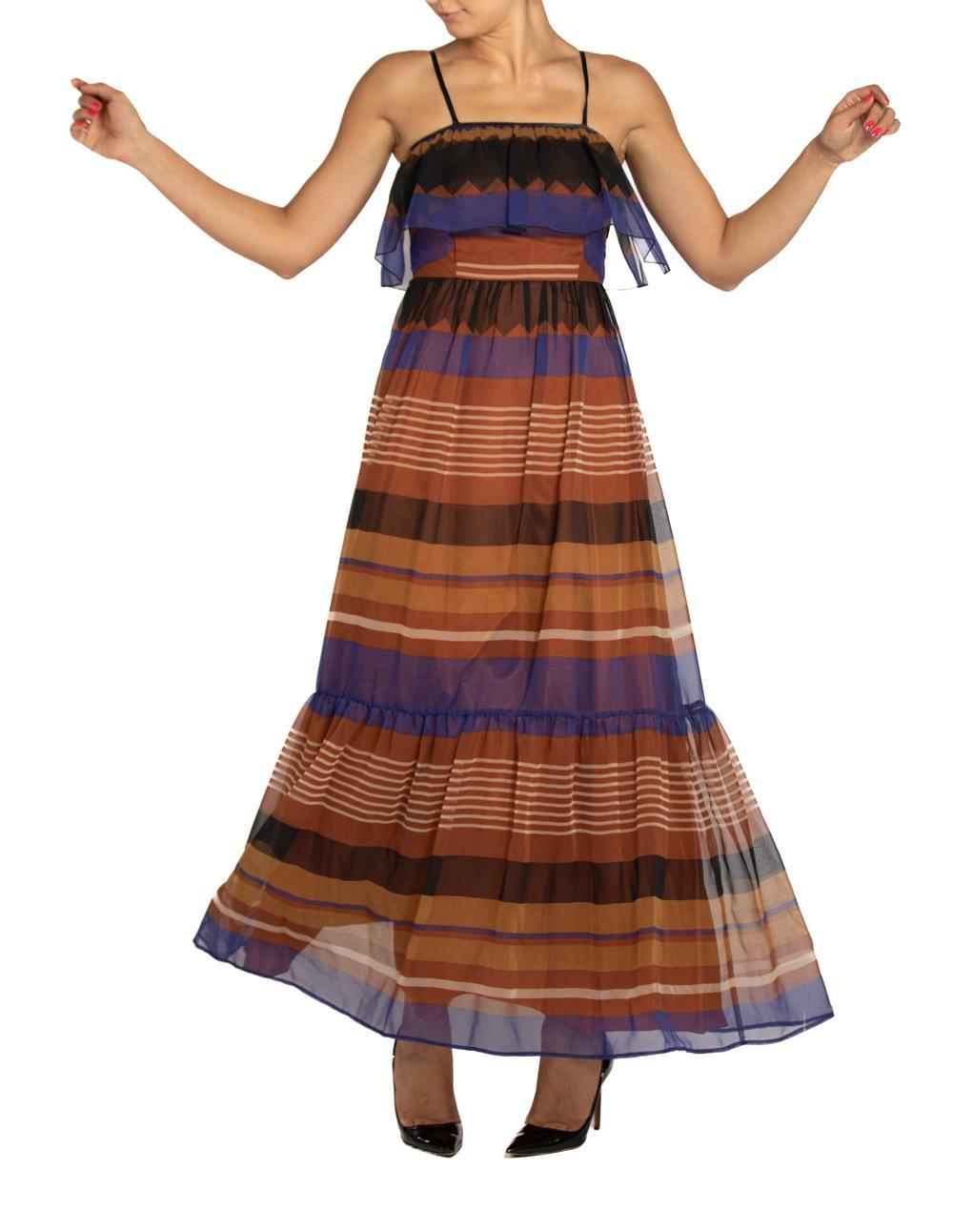 1970S Blue & Brown Polyester Chiffon Geometric Print Dress In Excellent Condition For Sale In New York, NY