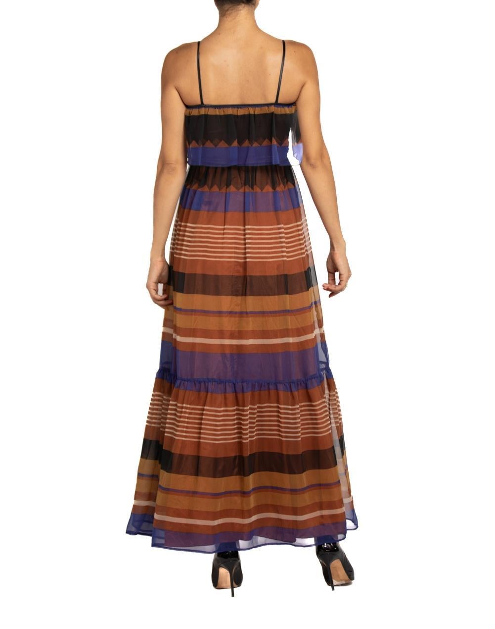 1970S Blue & Brown Polyester Chiffon Geometric Print Dress For Sale 2