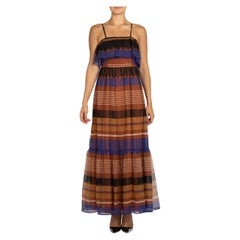 Blaues & braunes Polyester-Chiffonkleid mit geometrischem Druck aus den 1970er Jahren