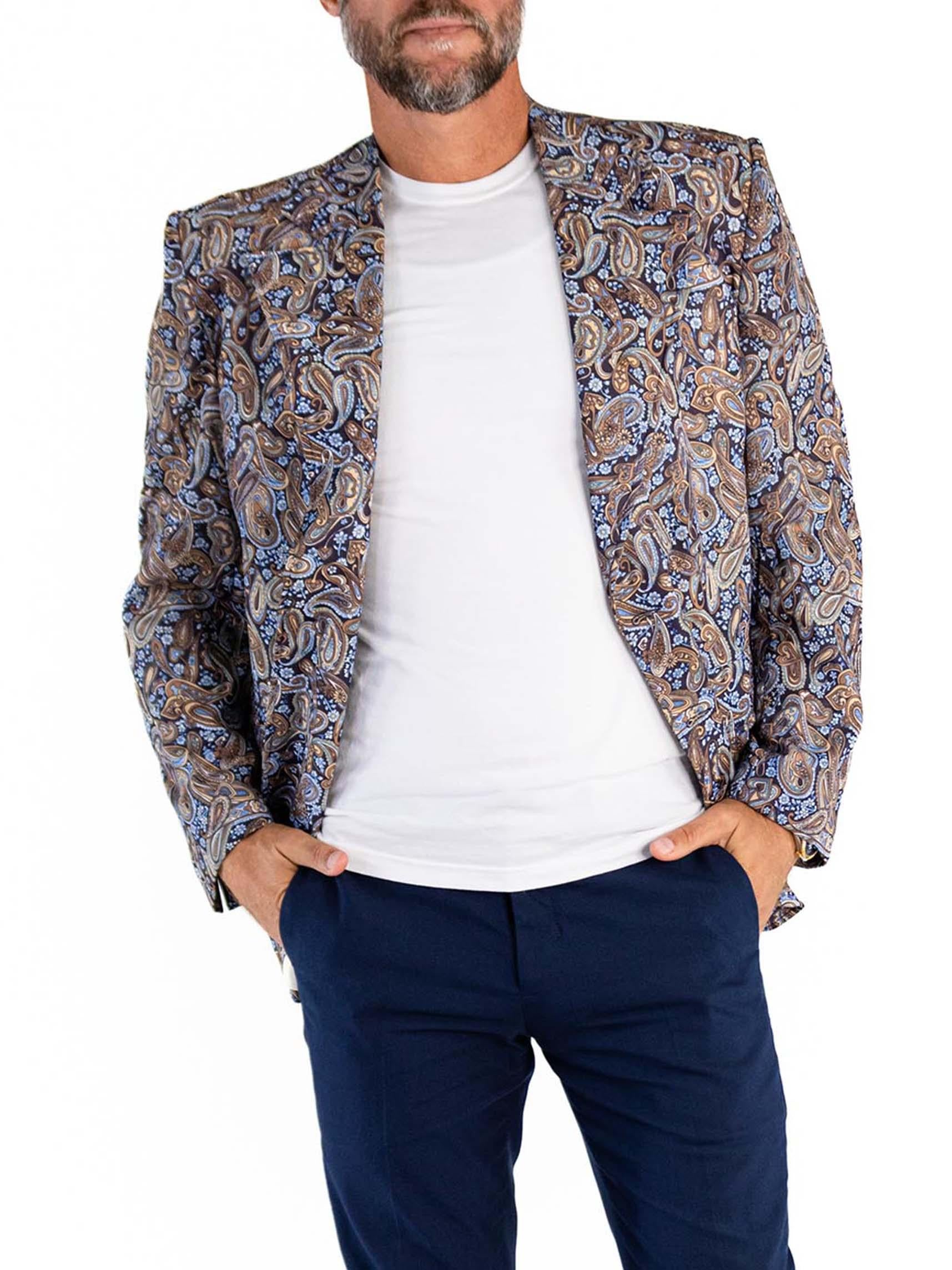 1970S Blue & Brown Polyester Paisley Print Blazer For Sale 2