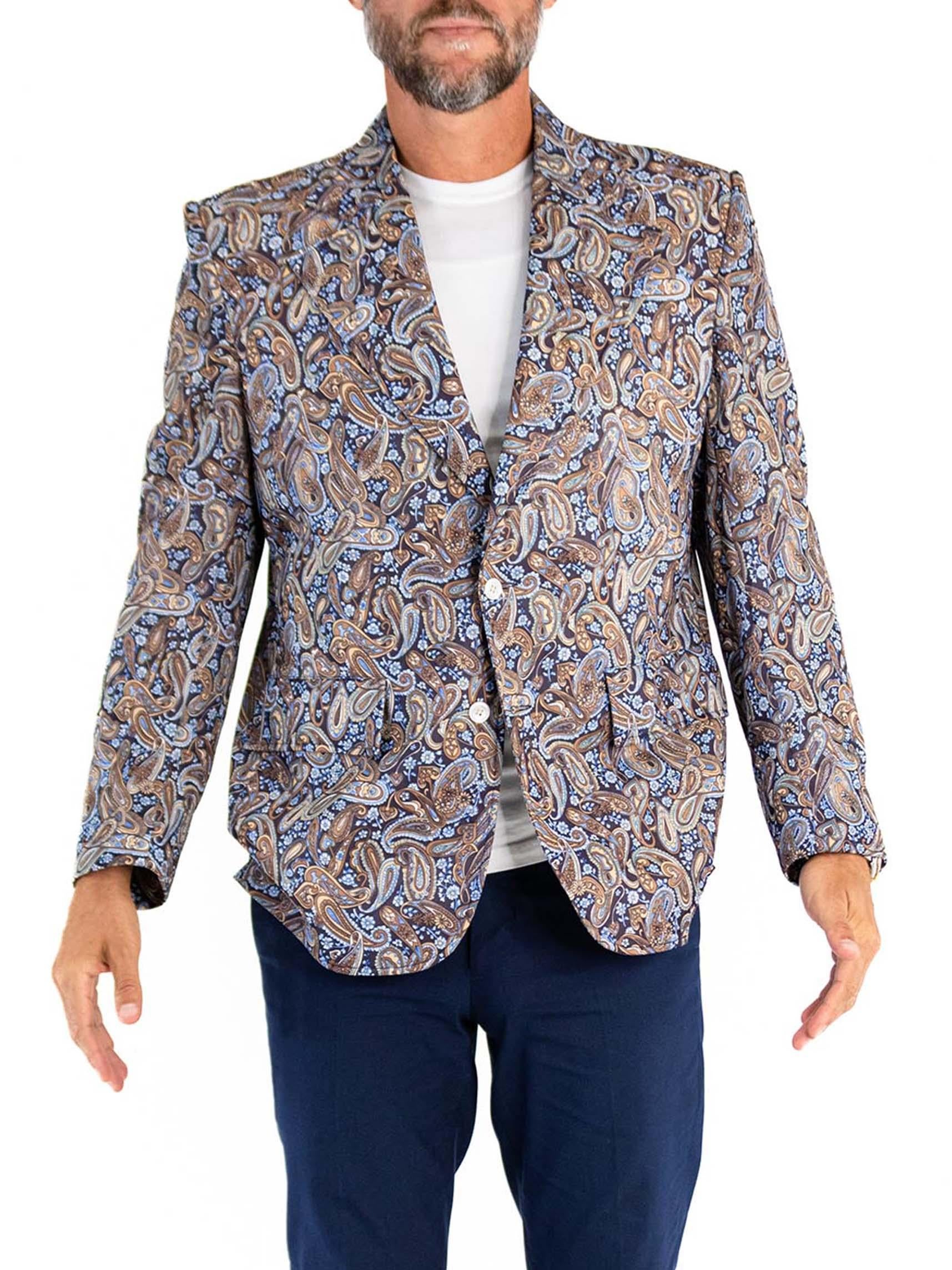 1970S Blue & Brown Polyester Paisley Print Blazer For Sale 3