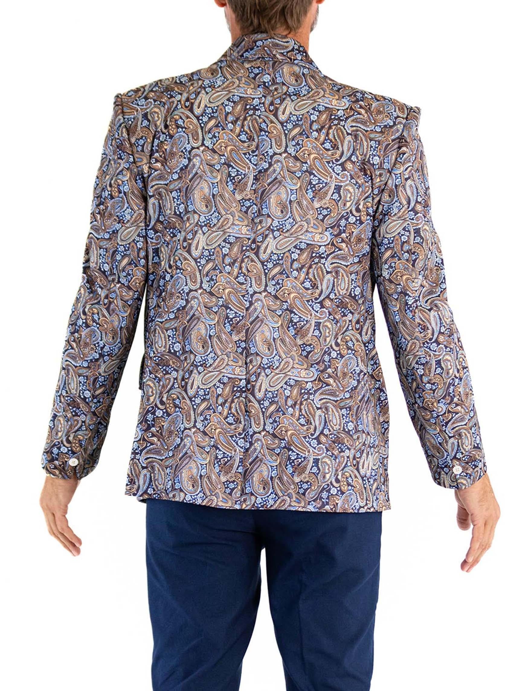 1970S Blue & Brown Polyester Paisley Print Blazer For Sale 4