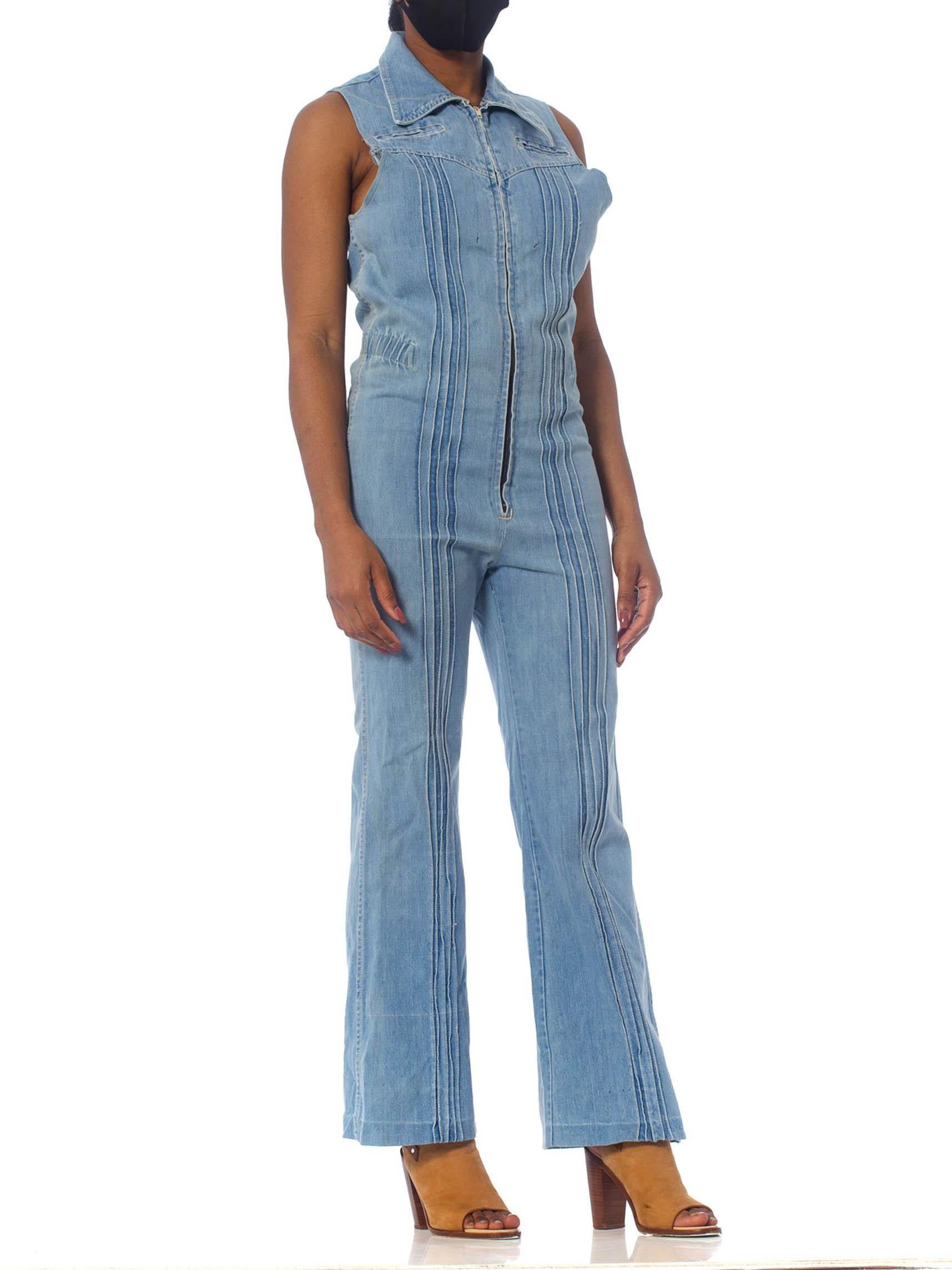 1970S Blue Cotton Denim Sleeveless Jumpsuit In Excellent Condition For Sale In New York, NY