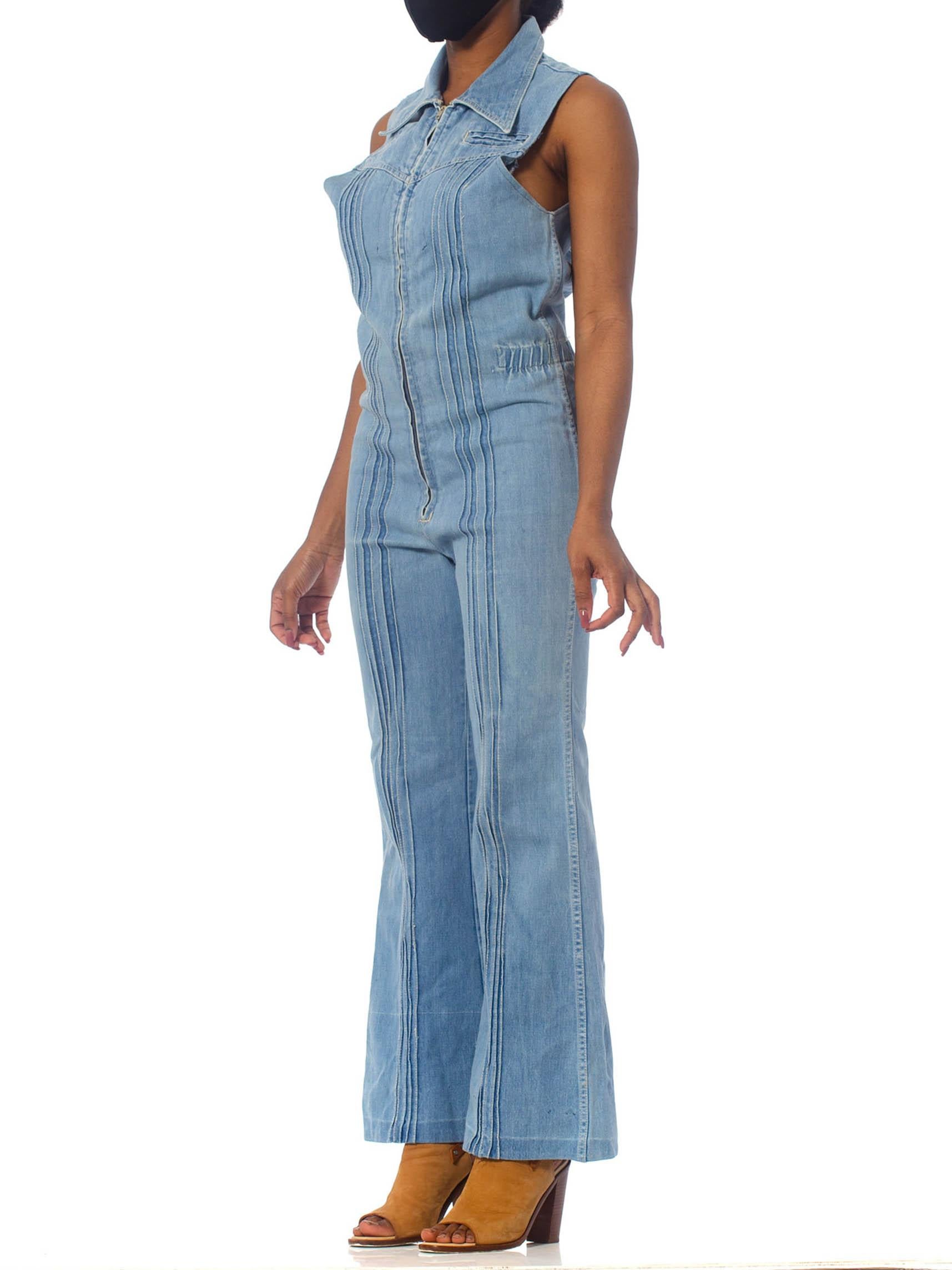 Women's or Men's 1970S Blue Cotton Denim Sleeveless Jumpsuit For Sale