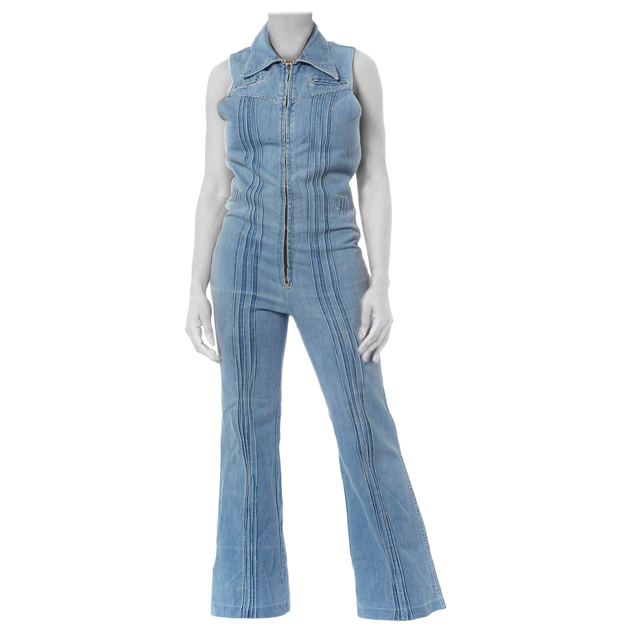 1970S Blue Cotton Denim Sleeveless Jumpsuit For Sale