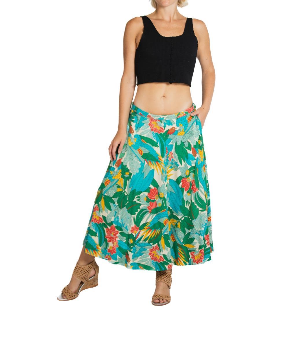 Women's 1970S Blue & Floral Print Silk Skirt For Sale
