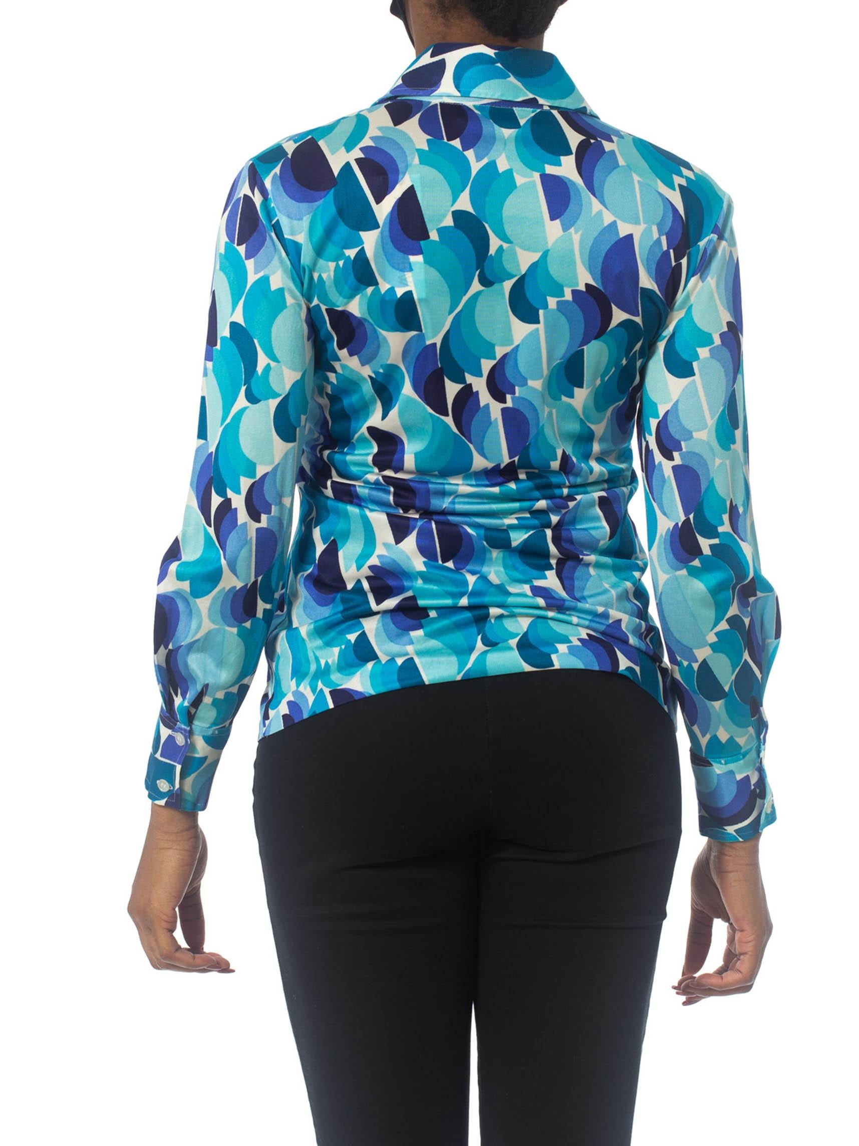Women's 1970S Blue Geometric Nylon Silky Jersey Shirt