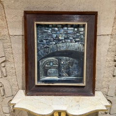 1970s Blue Gray Bridge Architectural Art Oil Painting