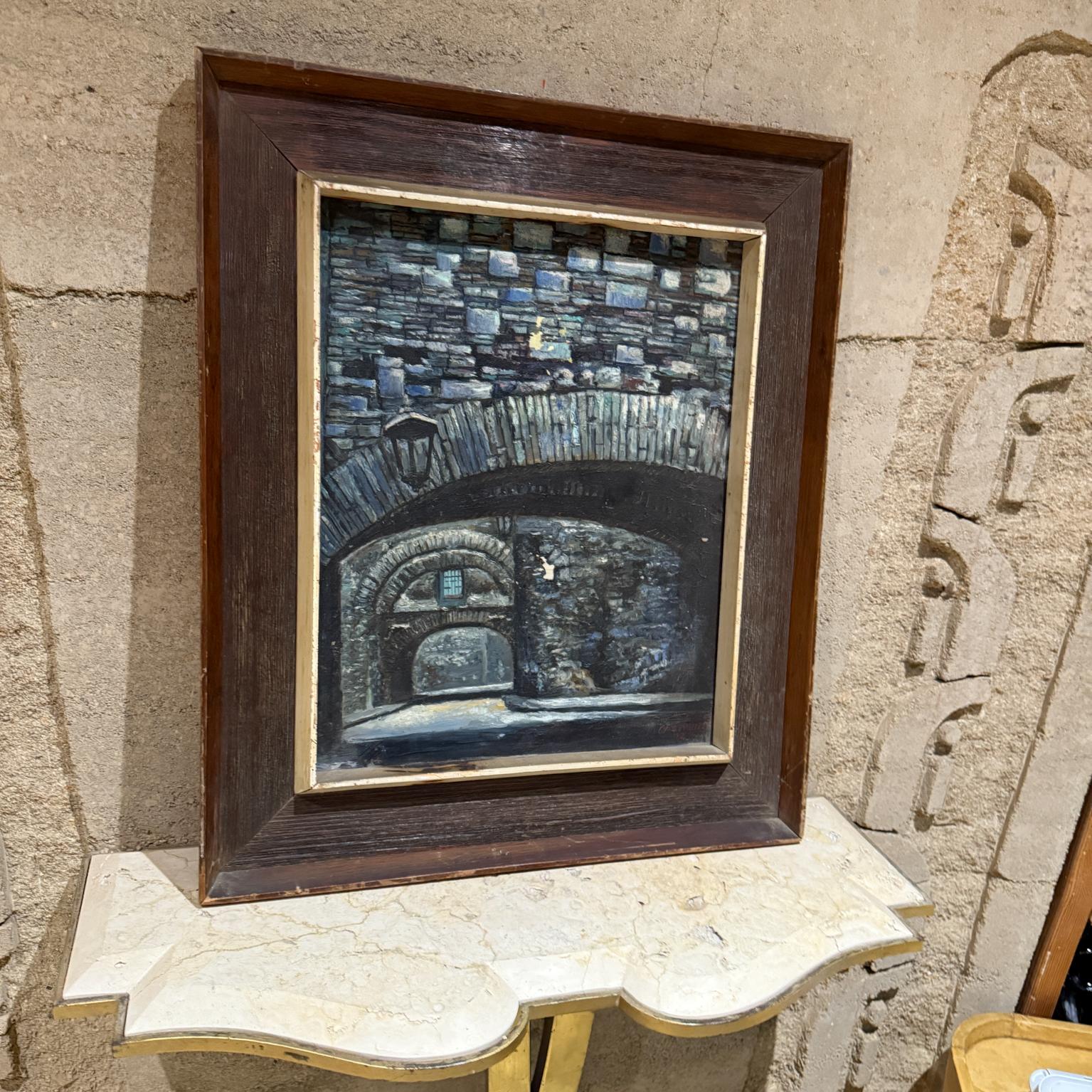 Mid-Century Modern 1970s Blue Gray Bridge Architectural Art Oil Painting For Sale