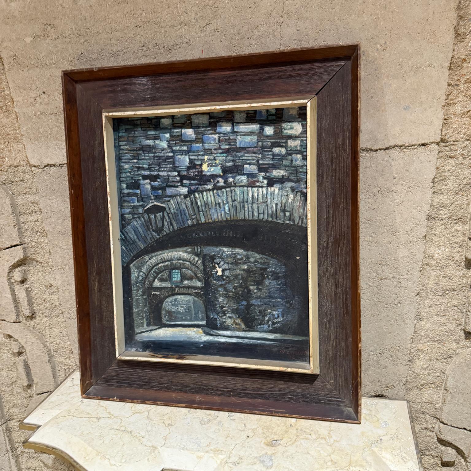 American 1970s Blue Gray Bridge Architectural Art Oil Painting For Sale