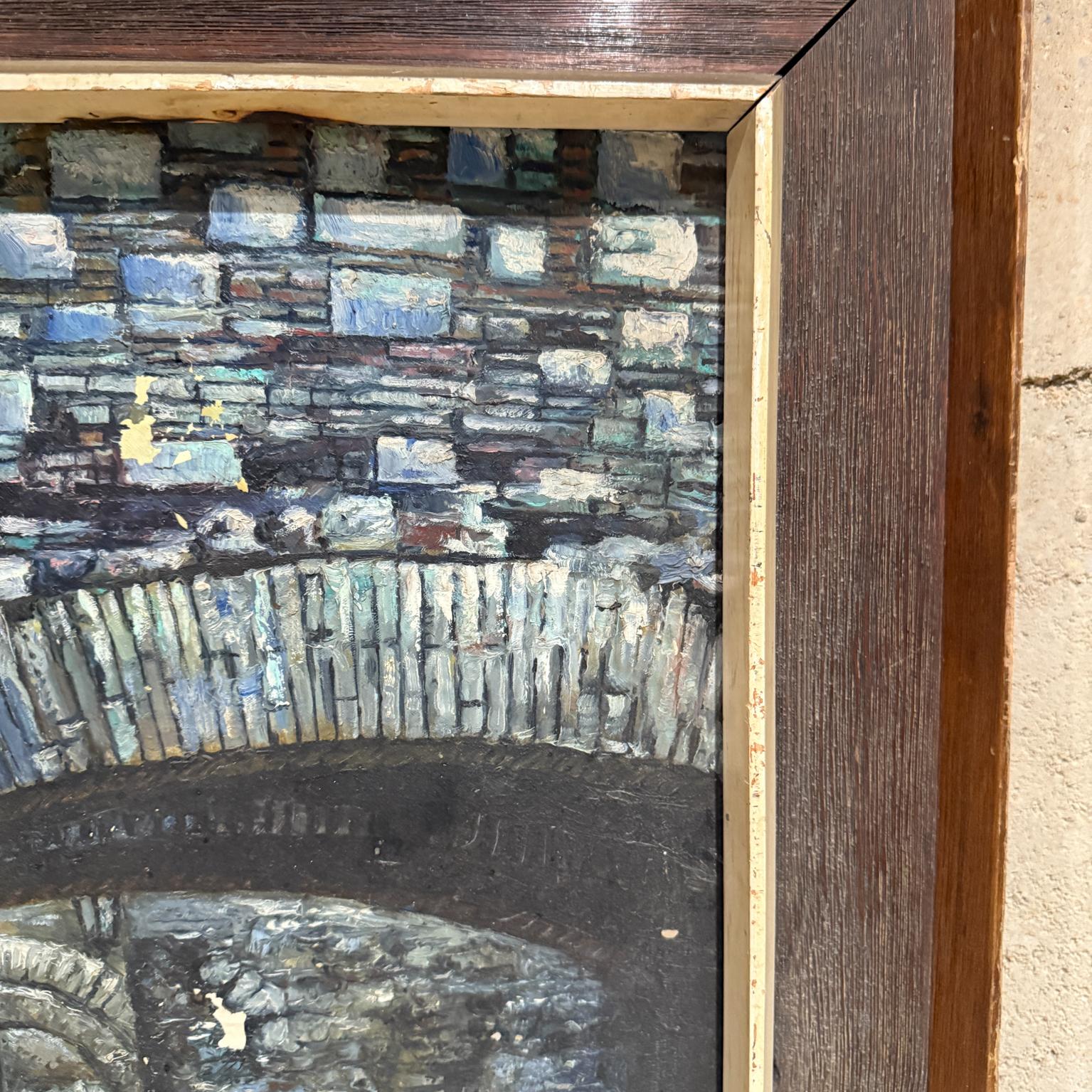 1970s Blue Gray Bridge Architectural Art Oil Painting In Good Condition For Sale In Chula Vista, CA