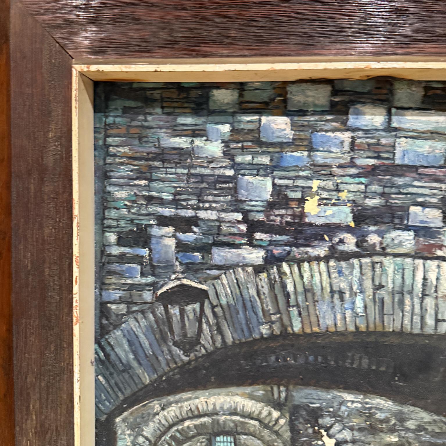 Late 20th Century 1970s Blue Gray Bridge Architectural Art Oil Painting For Sale