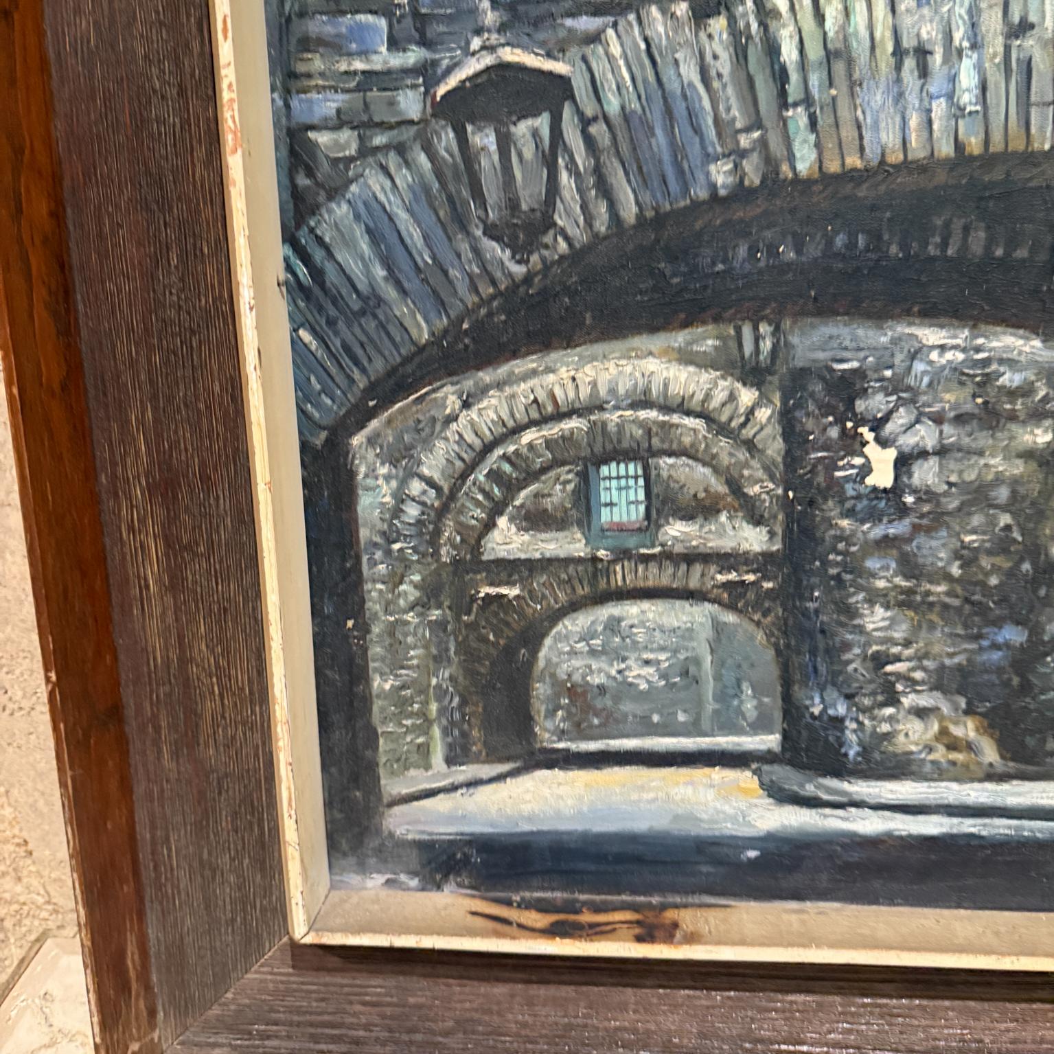 Other 1970s Blue Gray Bridge Architectural Art Oil Painting For Sale