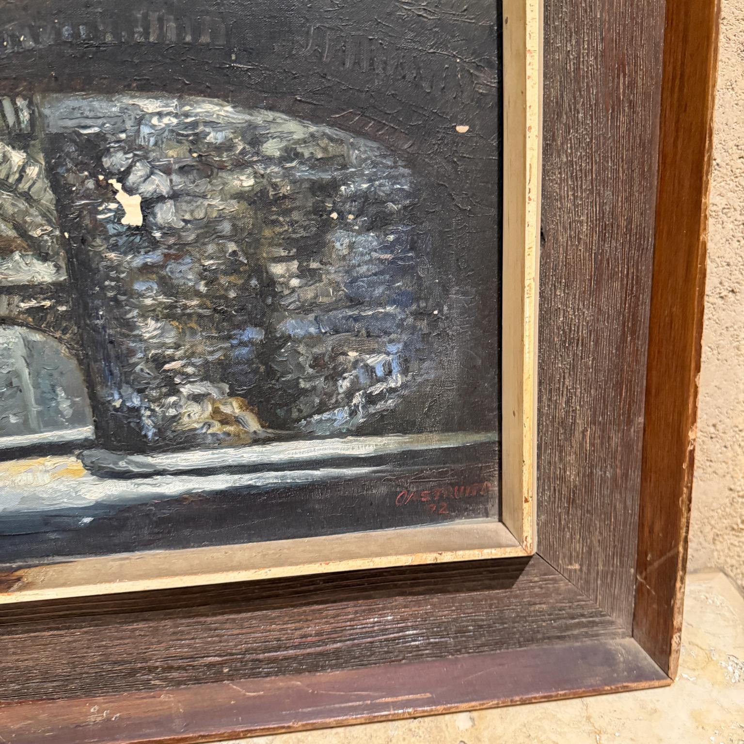 1970s Blue Gray Bridge Architectural Art Oil Painting For Sale 1