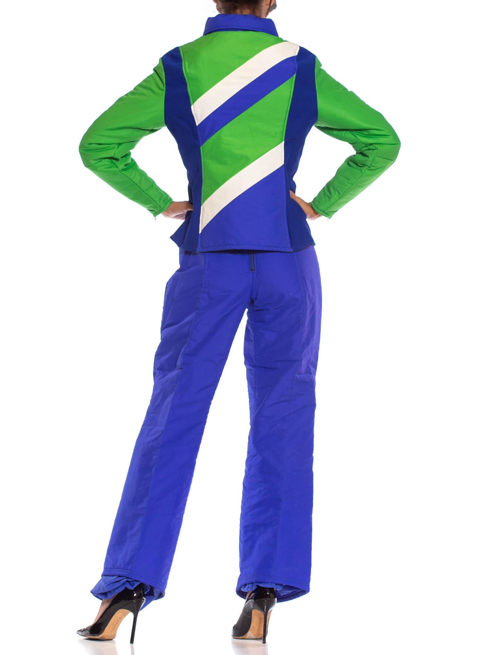 1970S Blue & Green Nylon Austrian Mod Ski Jacket Pants Ensemble In Excellent Condition For Sale In New York, NY