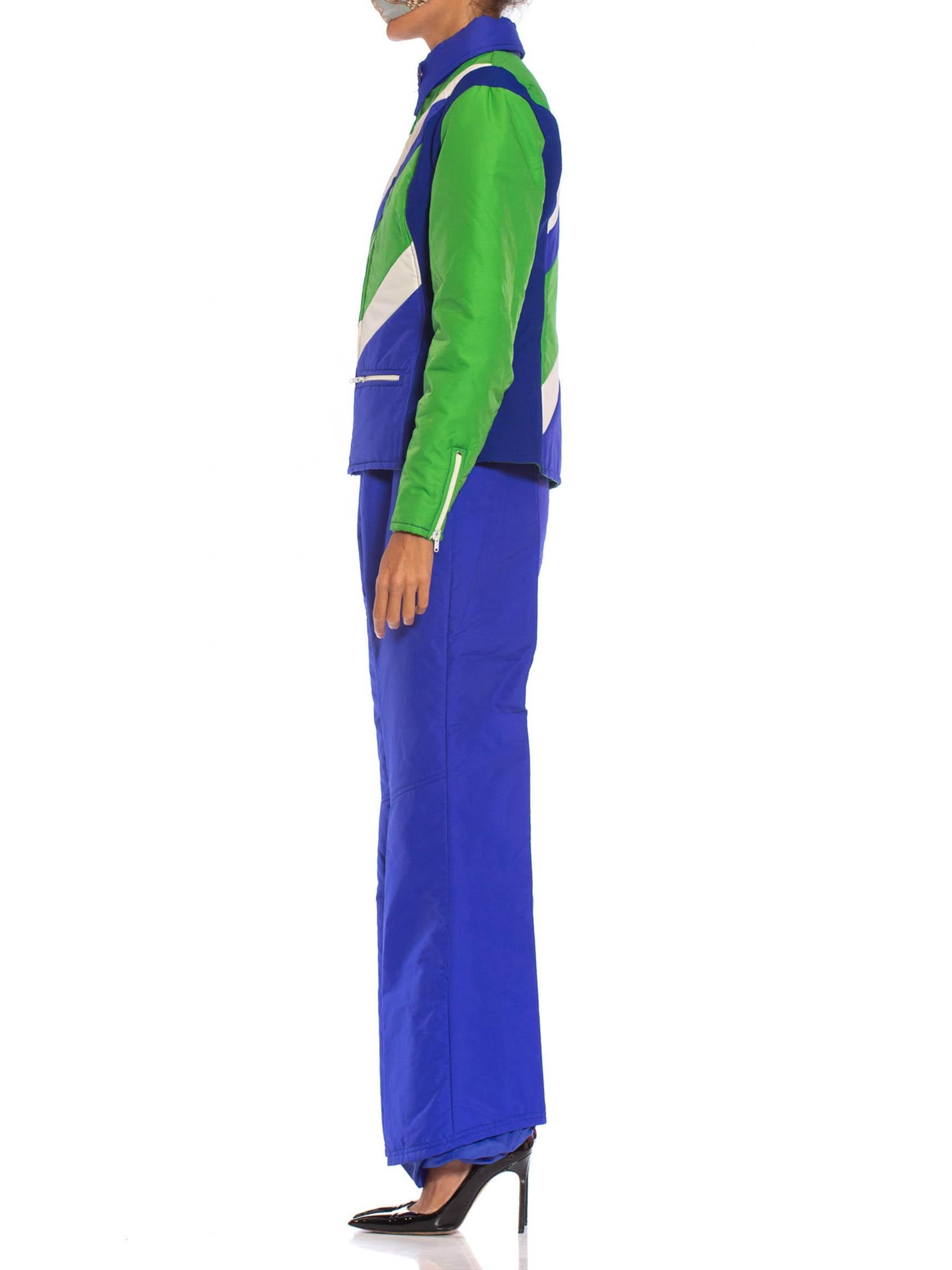Women's 1970S Blue & Green Nylon Austrian Mod Ski Jacket Pants Ensemble For Sale