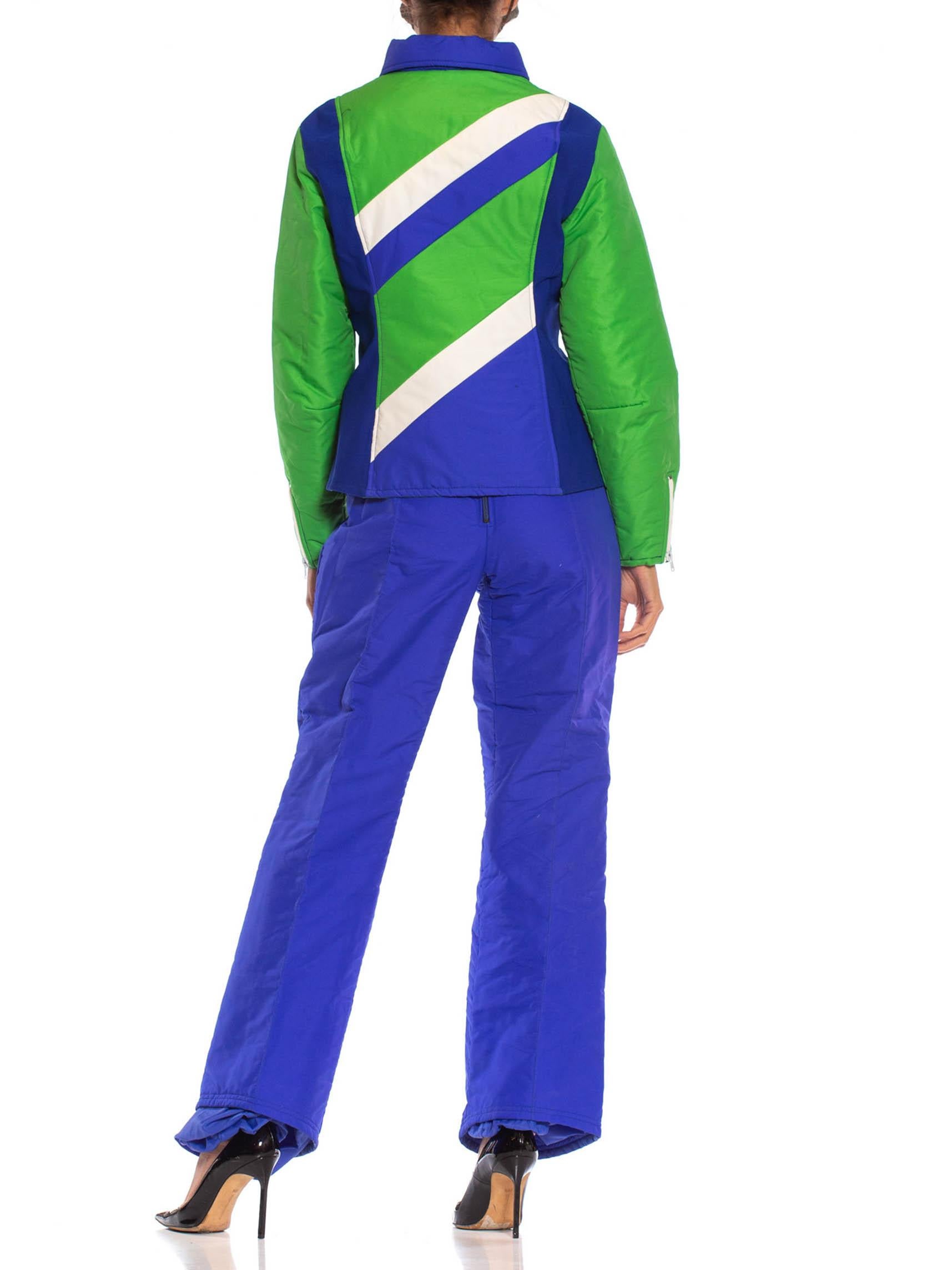 1970S Blue & Green Nylon Austrian Mod Ski Jacket Pants Ensemble For Sale 1