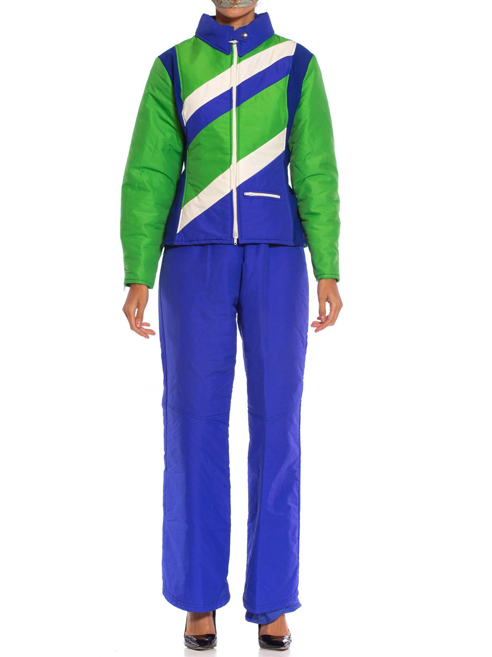 1970S Blue & Green Nylon Austrian Mod Ski Jacket Pants Ensemble For Sale 2
