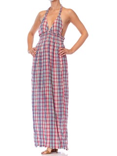 1970S Blue, Green & Red Cotton Gauze Elastic Waist Backless Halter Dress