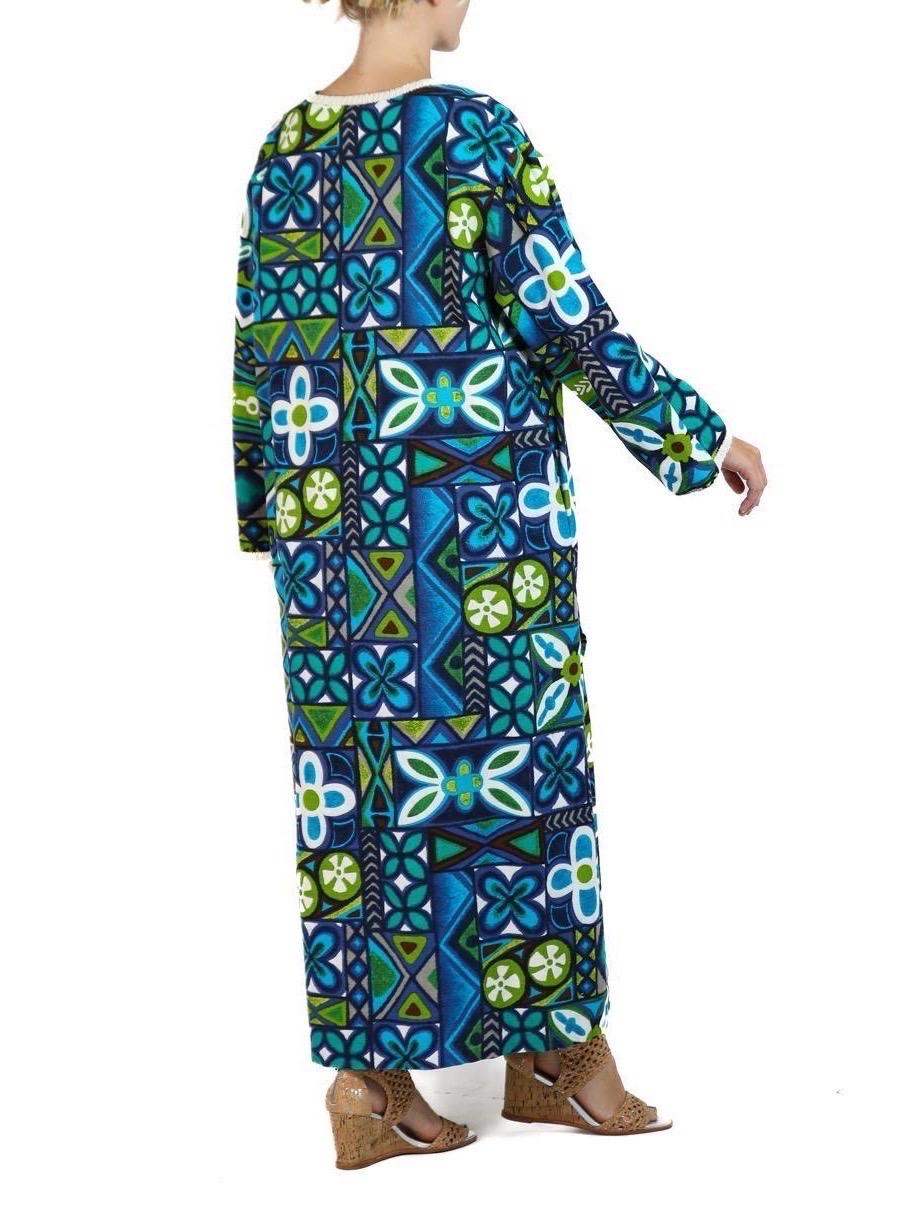 1970S Blue, Green & White Geometric Print Hand Made Dress For Sale 1
