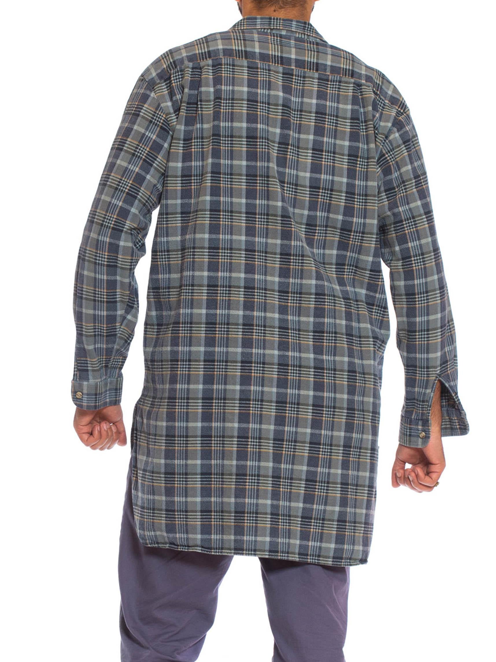 1970S Blue & Grey Cotton Plaid Victorian Style Men's Pullover Shirt From France For Sale 3