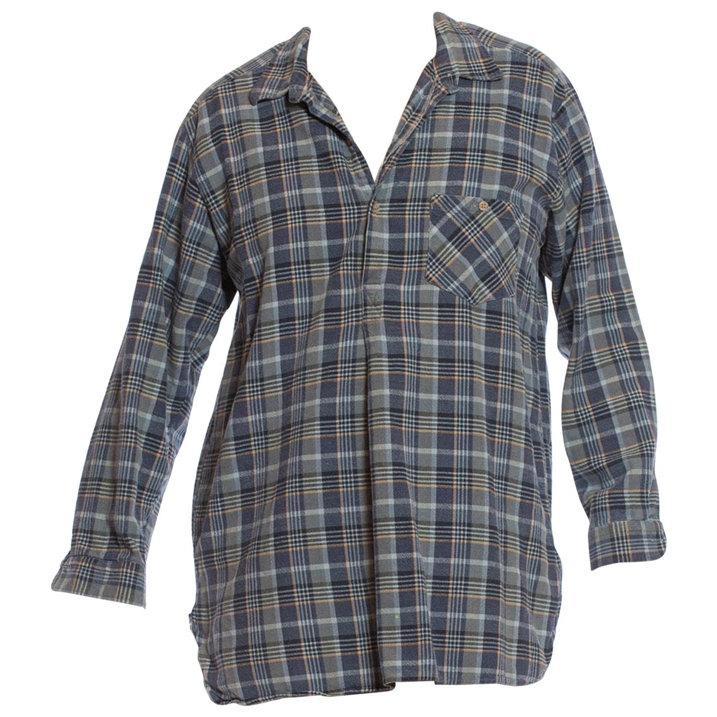 1970S Blue & Grey Cotton Plaid Victorian Style Men's Pullover Shirt From France For Sale