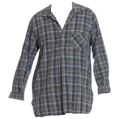 1970S Blue & Grey Cotton Plaid Victorian Style Men's Pullover Shirt From France